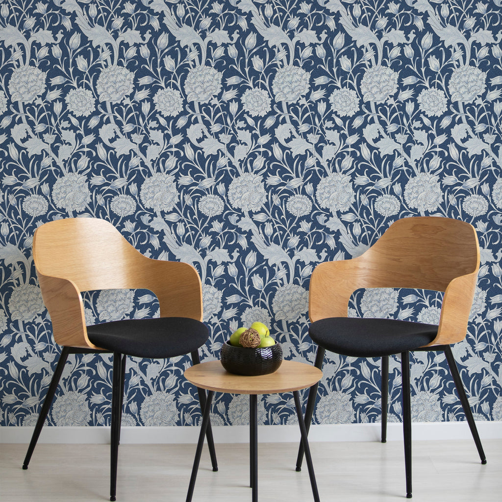 William Morris X Wild Tulips Peel and Stick Wallpaper, Removable Wallpaper, Traditional Wallpaper - Dark Blue | DeccoPrint