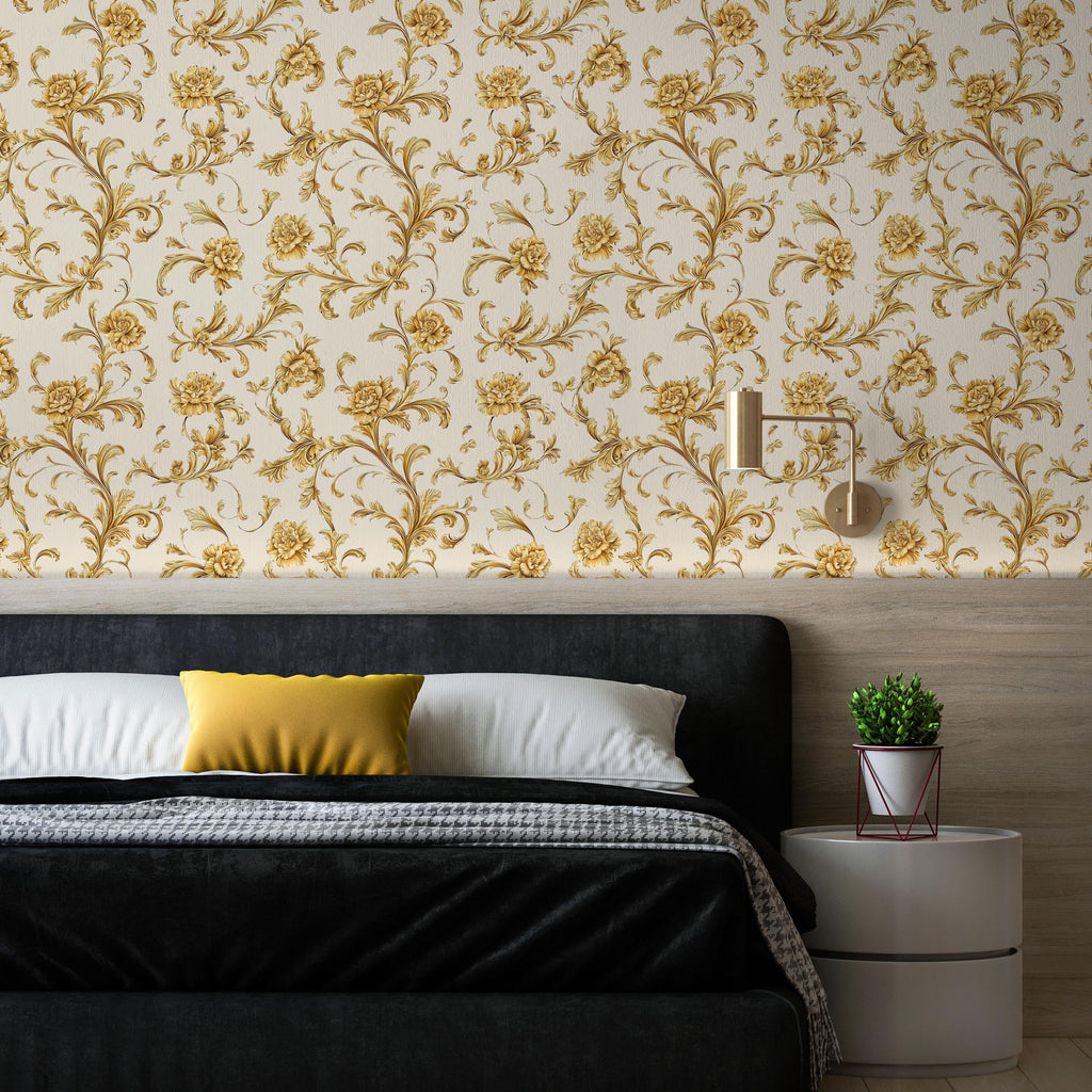 Baroque Floral Peel and Stick Wallpaper, Removable Wallpaper, Traditional Wallpaper - Cream | DeccoPrint