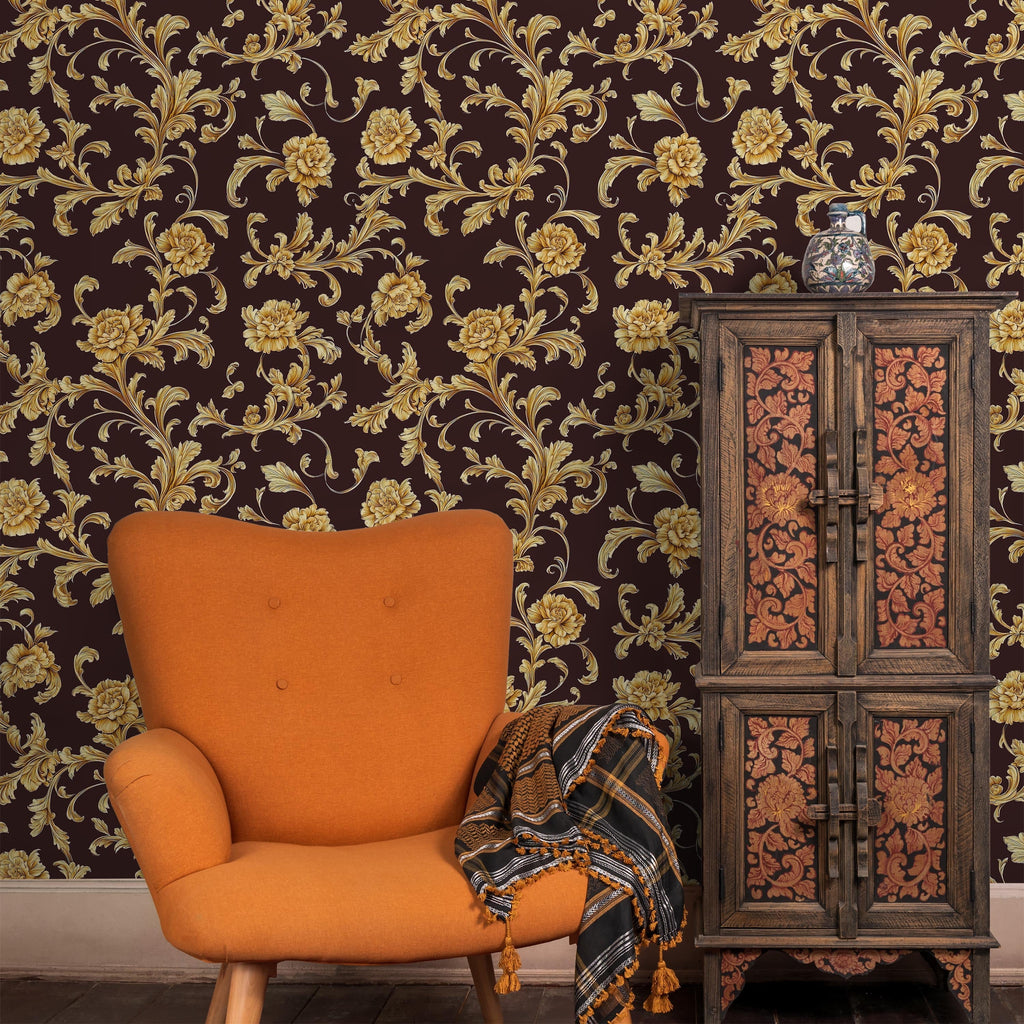 Baroque Floral Peel and Stick Wallpaper, Removable Wallpaper, Traditional Wallpaper - Burgundy Brown | DeccoPrint