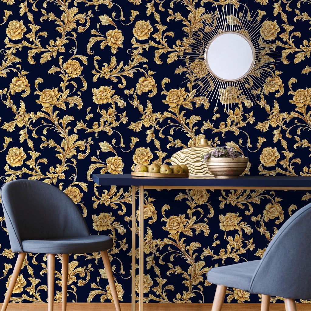 Baroque Floral Peel and Stick Wallpaper, Removable Wallpaper, Traditional Wallpaper - Navy blue | DeccoPrint