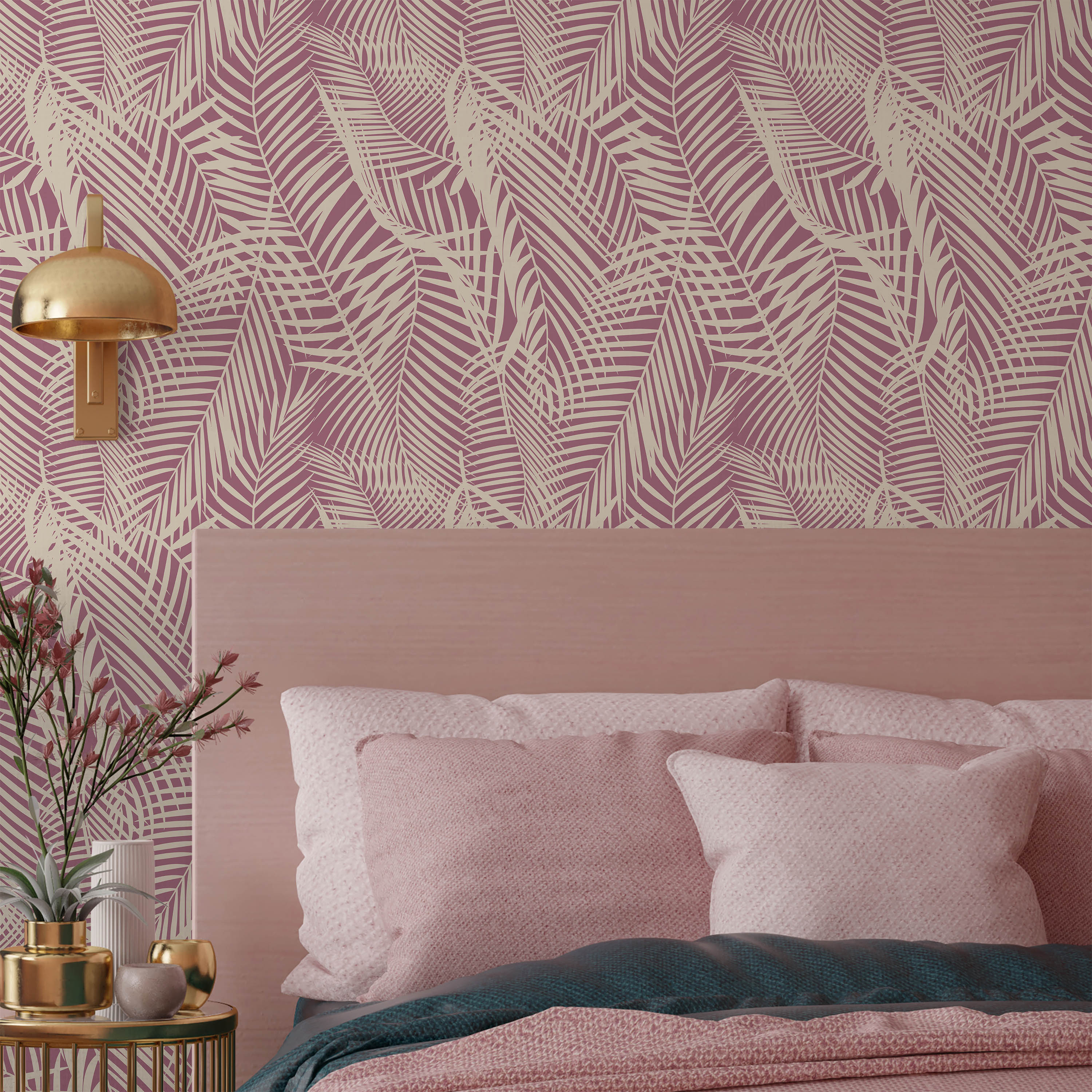 Palm Leaves Peel and Stick Wallpaper, Removable Wallpaper, Traditional Wallpaper - Pink | DeccoPrint