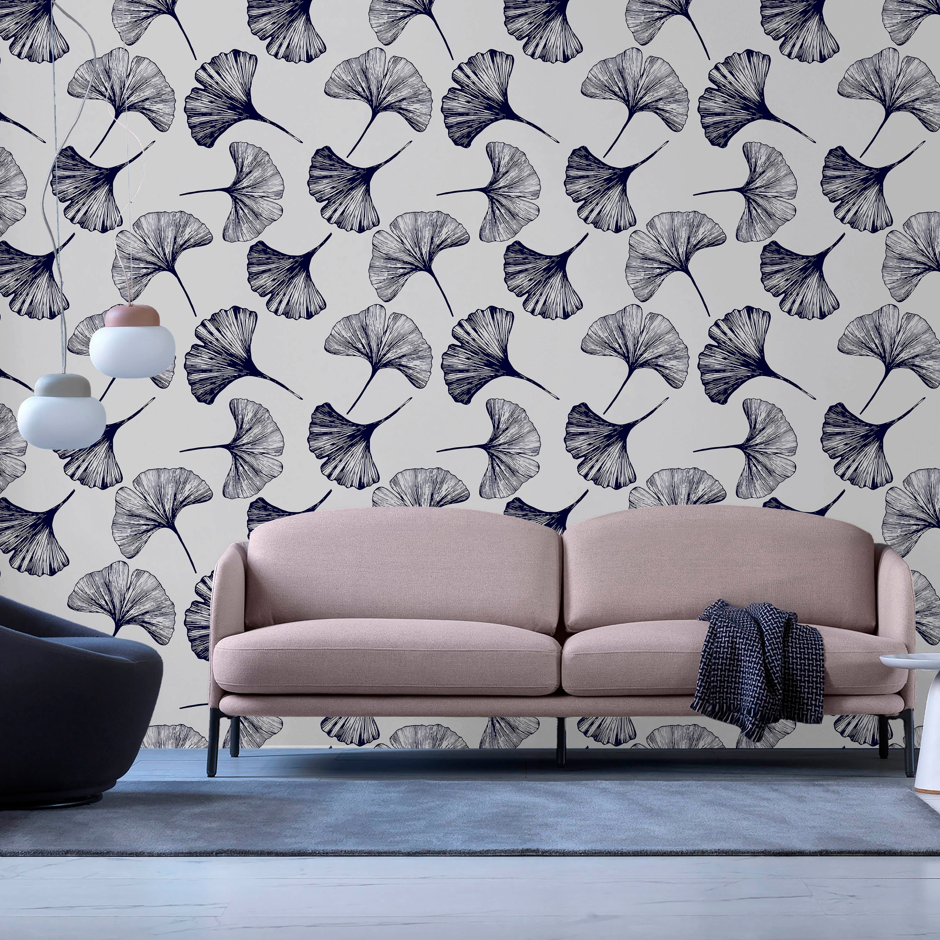 Ginkgo Leaves Peel and Stick Wallpaper, Removable Wallpaper, Traditional Wallpaper - Navy | DeccoPrint