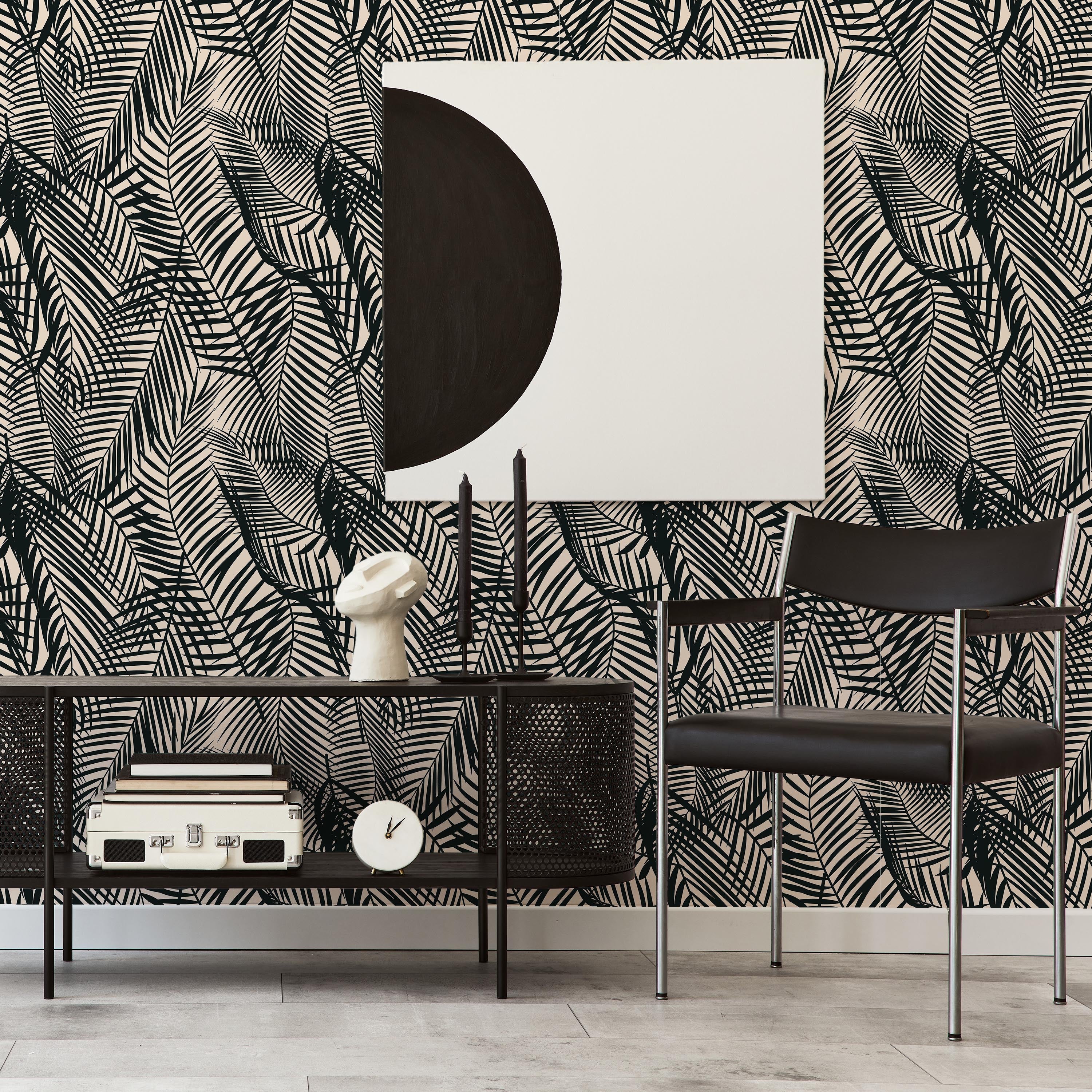 Palm Leaves Peel and Stick Wallpaper, Removable Wallpaper, Traditional Wallpaper - Black | DeccoPrint
