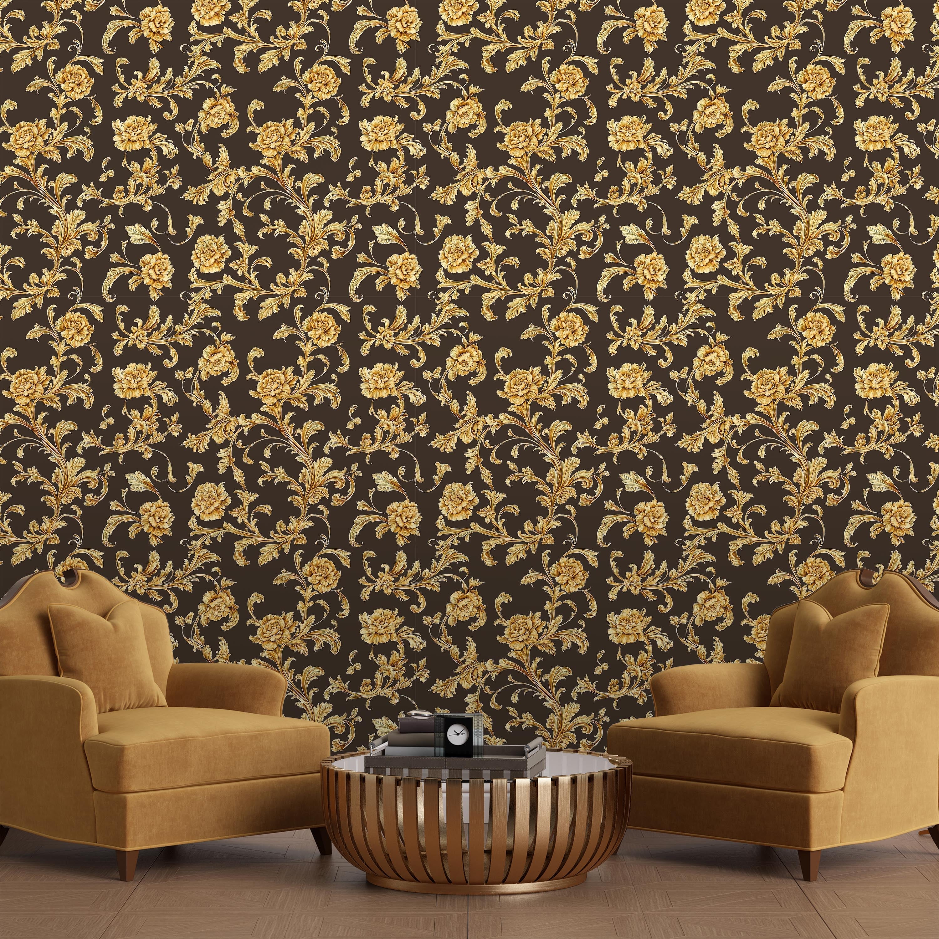 Baroque Floral Peel and Stick Wallpaper, Removable Wallpaper, Traditional Wallpaper - Cool Brown | DeccoPrint