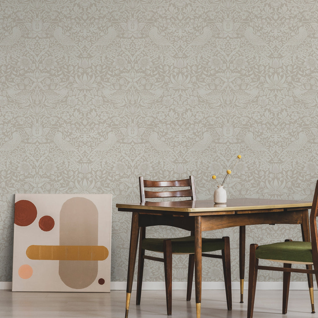 William Morris X Strawberry Thief Peel and Stick Wallpaper, Removable Wallpaper, Traditional Wallpaper - Beige | DeccoPrint