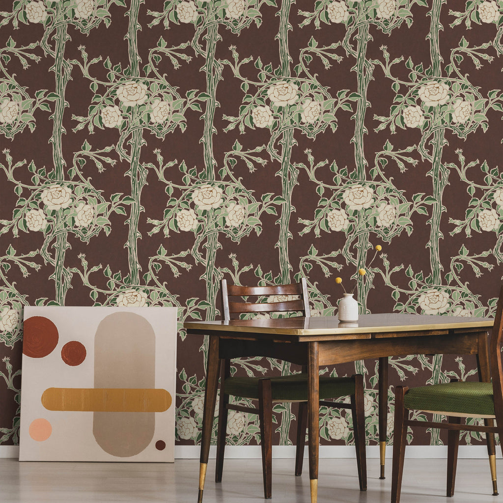 Walter Crane x Rose Bush Peel and Stick Wallpaper, Removable Wallpaper, Traditional Wallpaper - Rustic Brown | DeccoPrint