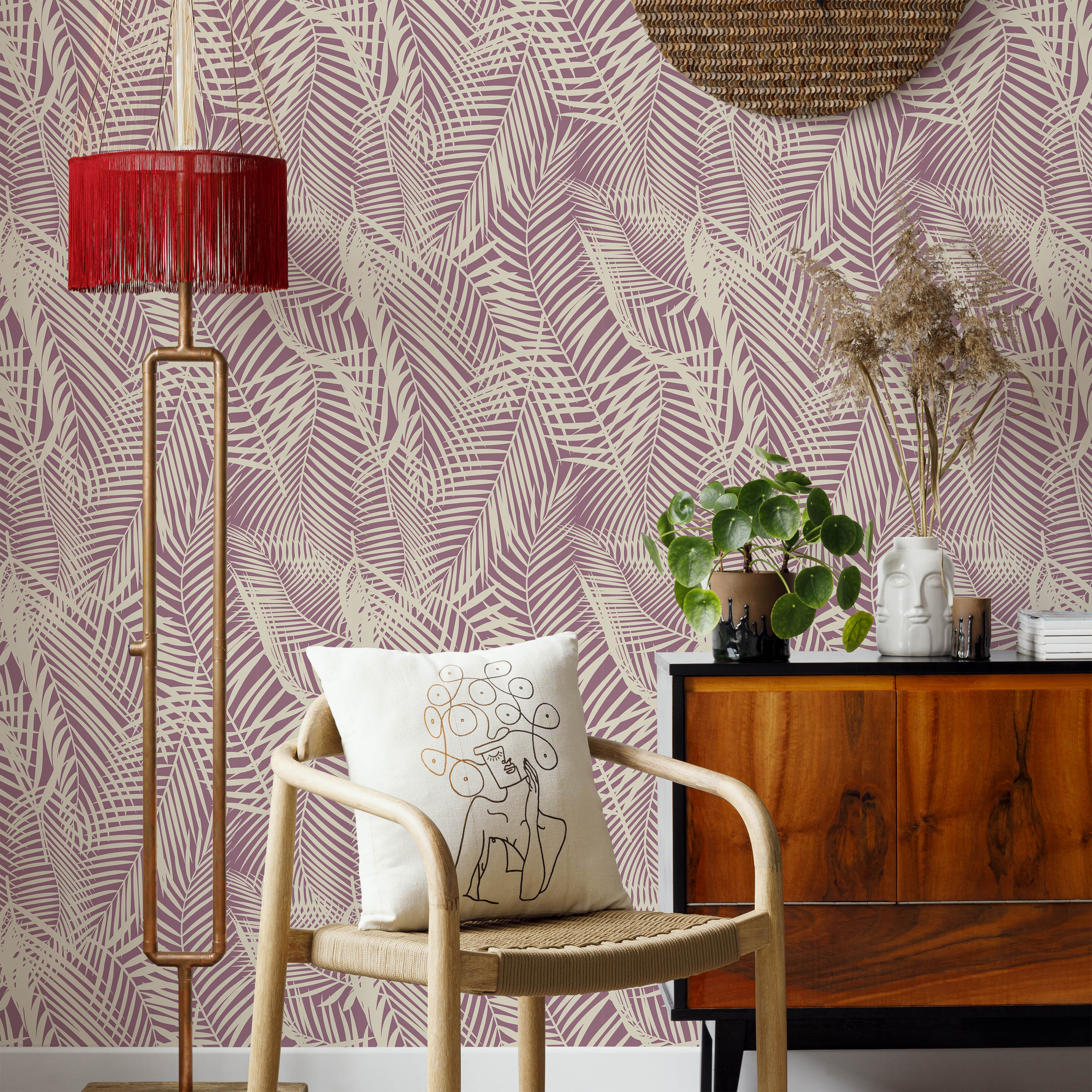 Palm Leaves Peel and Stick Wallpaper, Removable Wallpaper, Traditional Wallpaper - Pink | DeccoPrint