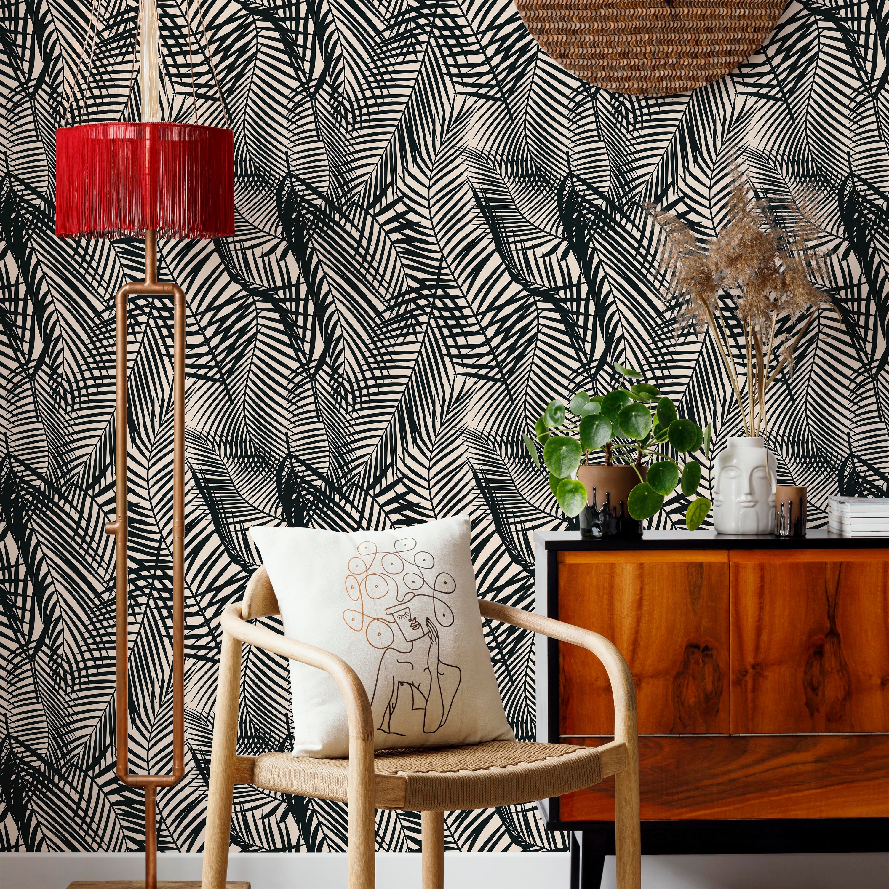 Palm Leaves Peel and Stick Wallpaper, Removable Wallpaper, Traditional Wallpaper - Black | DeccoPrint