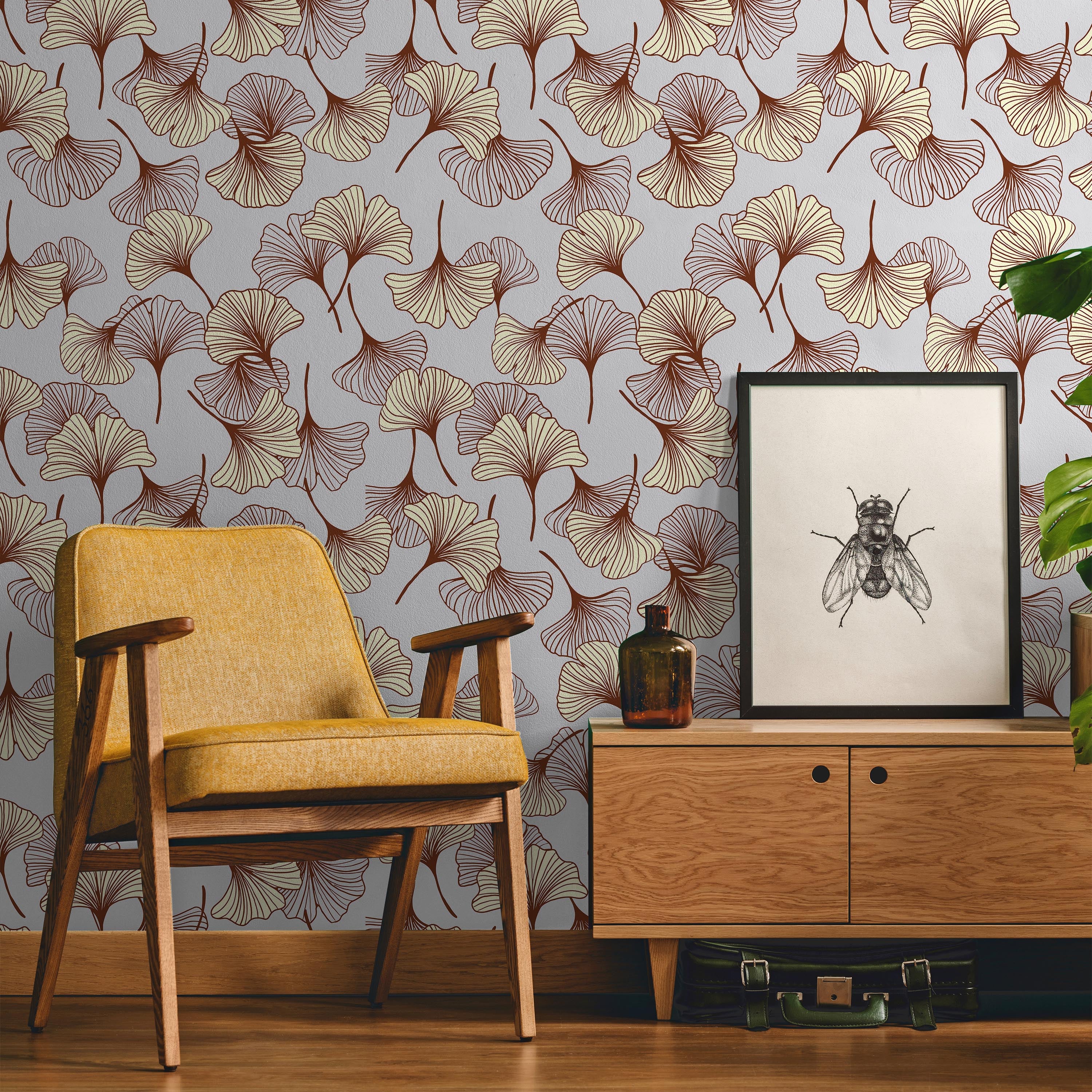 Ginkgo Garden Peel and Stick Wallpaper, Removable Wallpaper, Traditional Wallpaper - Yellow | DeccoPrint