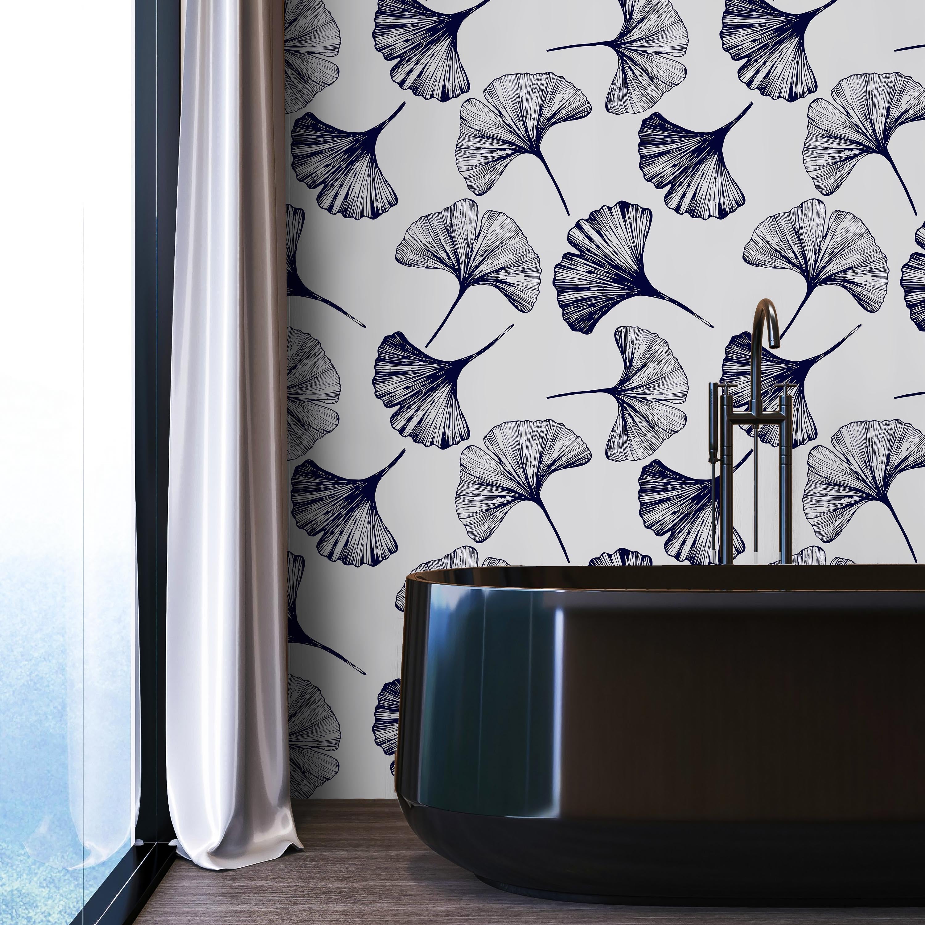 Ginkgo Leaves Peel and Stick Wallpaper, Removable Wallpaper, Traditional Wallpaper - Navy | DeccoPrint