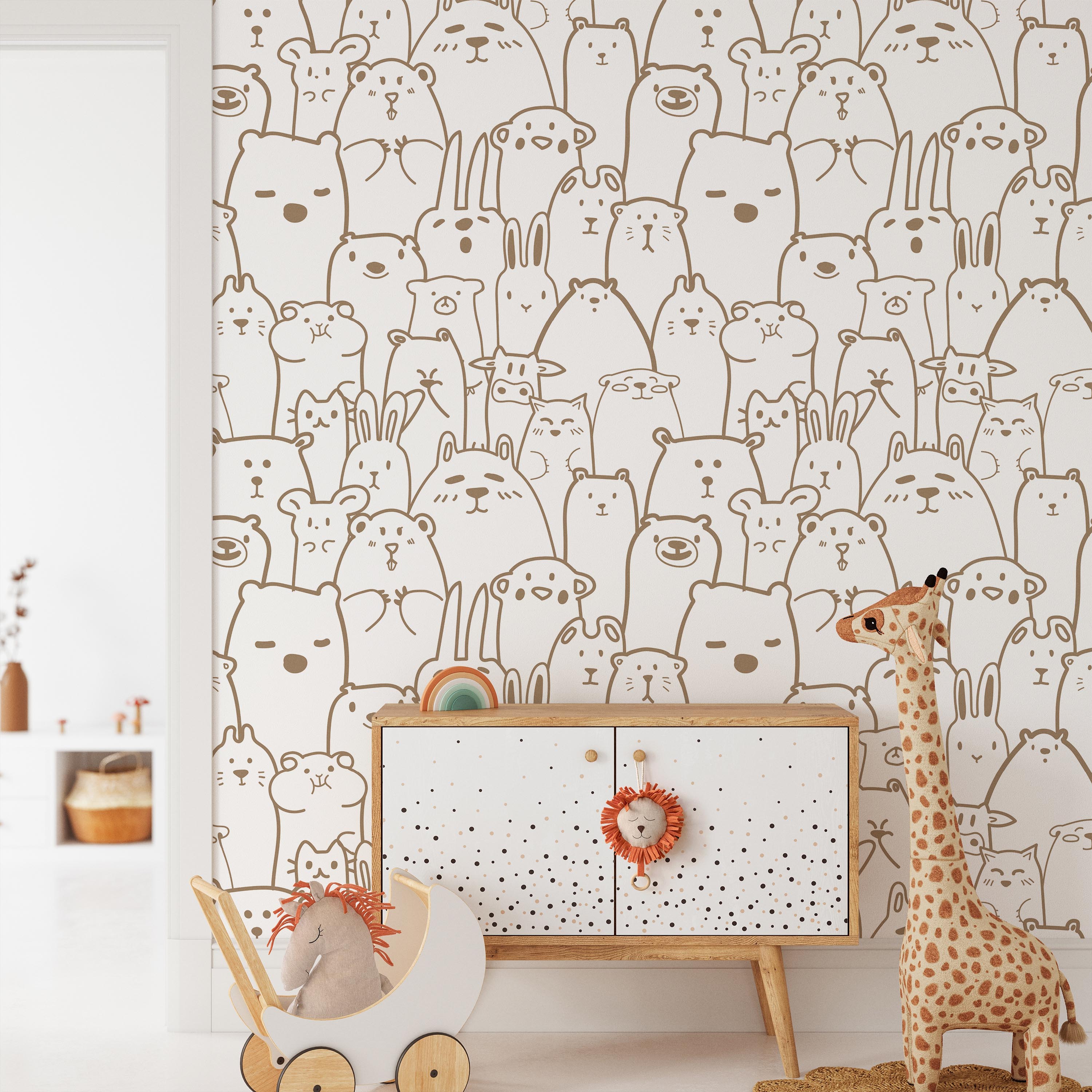 Animal Doodles Peel and Stick Wallpaper, Removable Wallpaper, Traditional Wallpaper - Brown | DeccoPrint