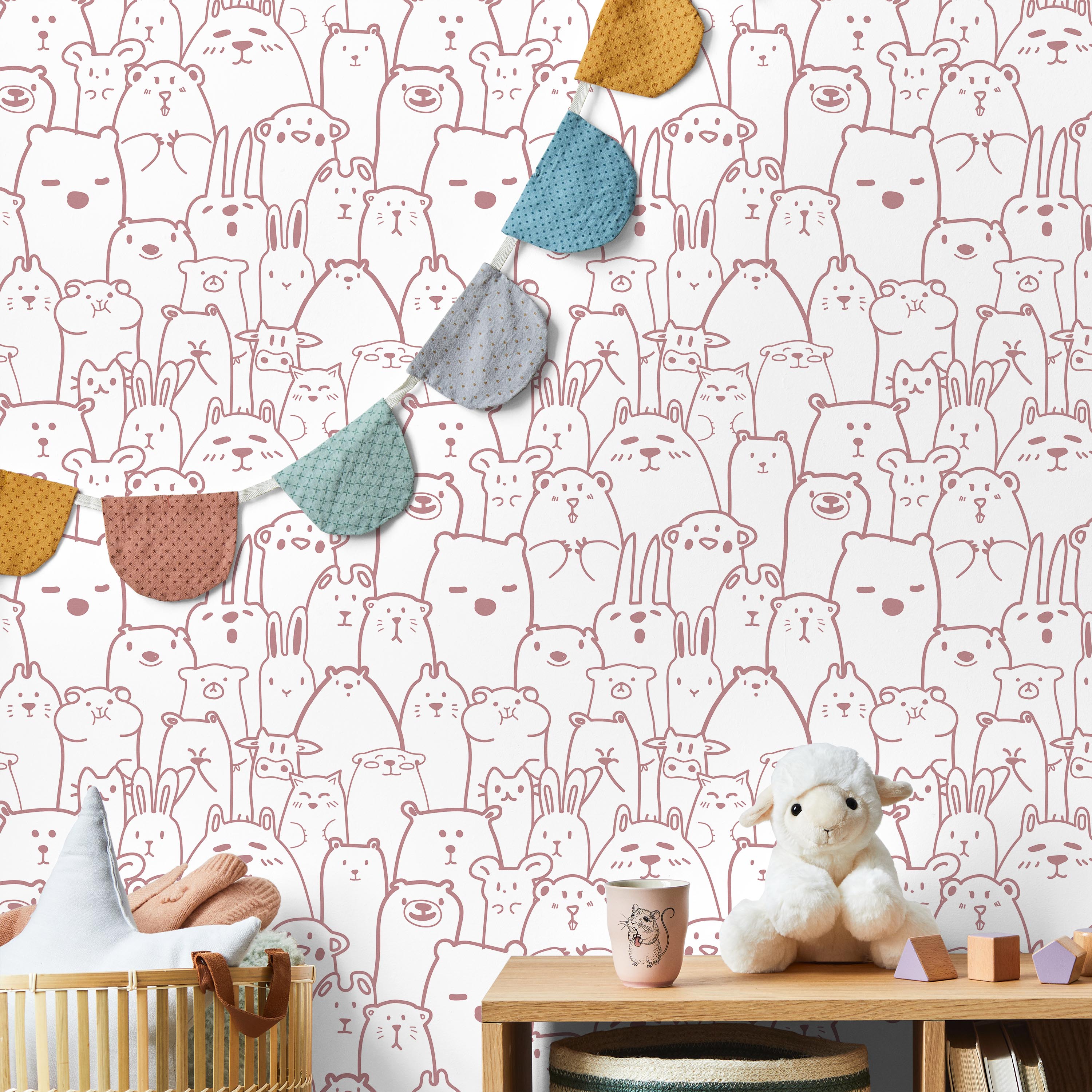 Animal Doodles Peel and Stick Wallpaper, Removable Wallpaper, Traditional Wallpaper - Pink | DeccoPrint