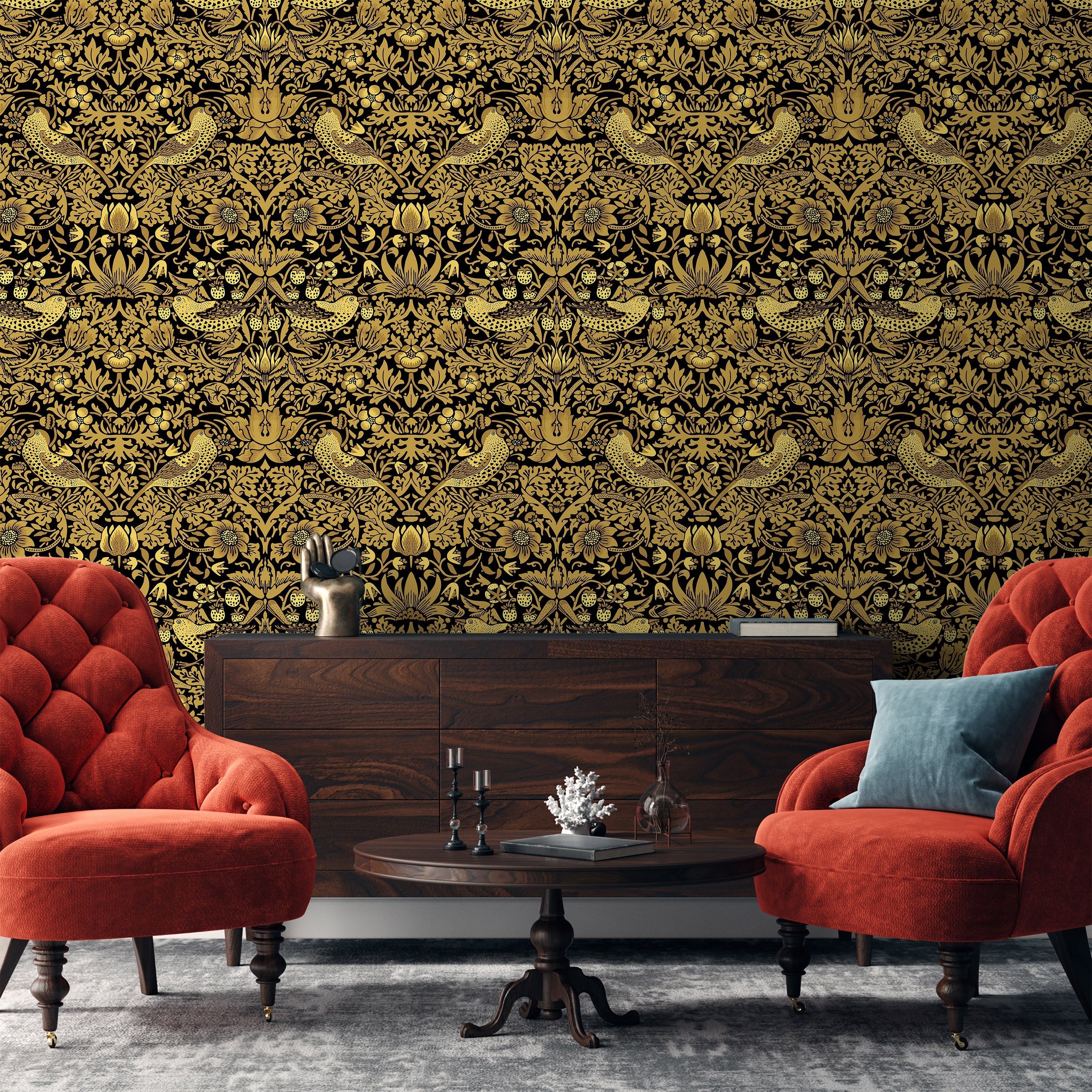 William Morris X Strawberry Thief Peel and Stick Wallpaper, Removable Wallpaper, Traditional Wallpaper - Gold | DeccoPrint