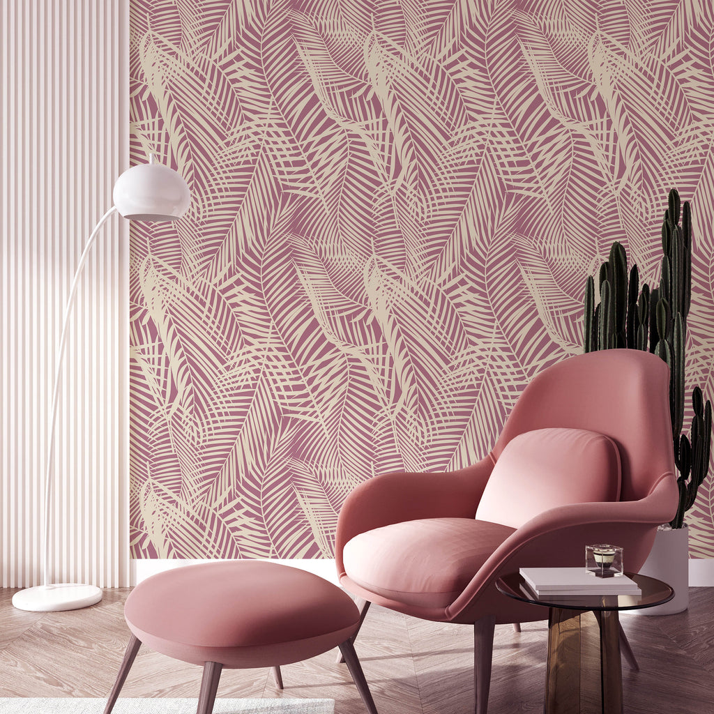 Palm Leaves Peel and Stick Wallpaper, Removable Wallpaper, Traditional Wallpaper - Pink | DeccoPrint