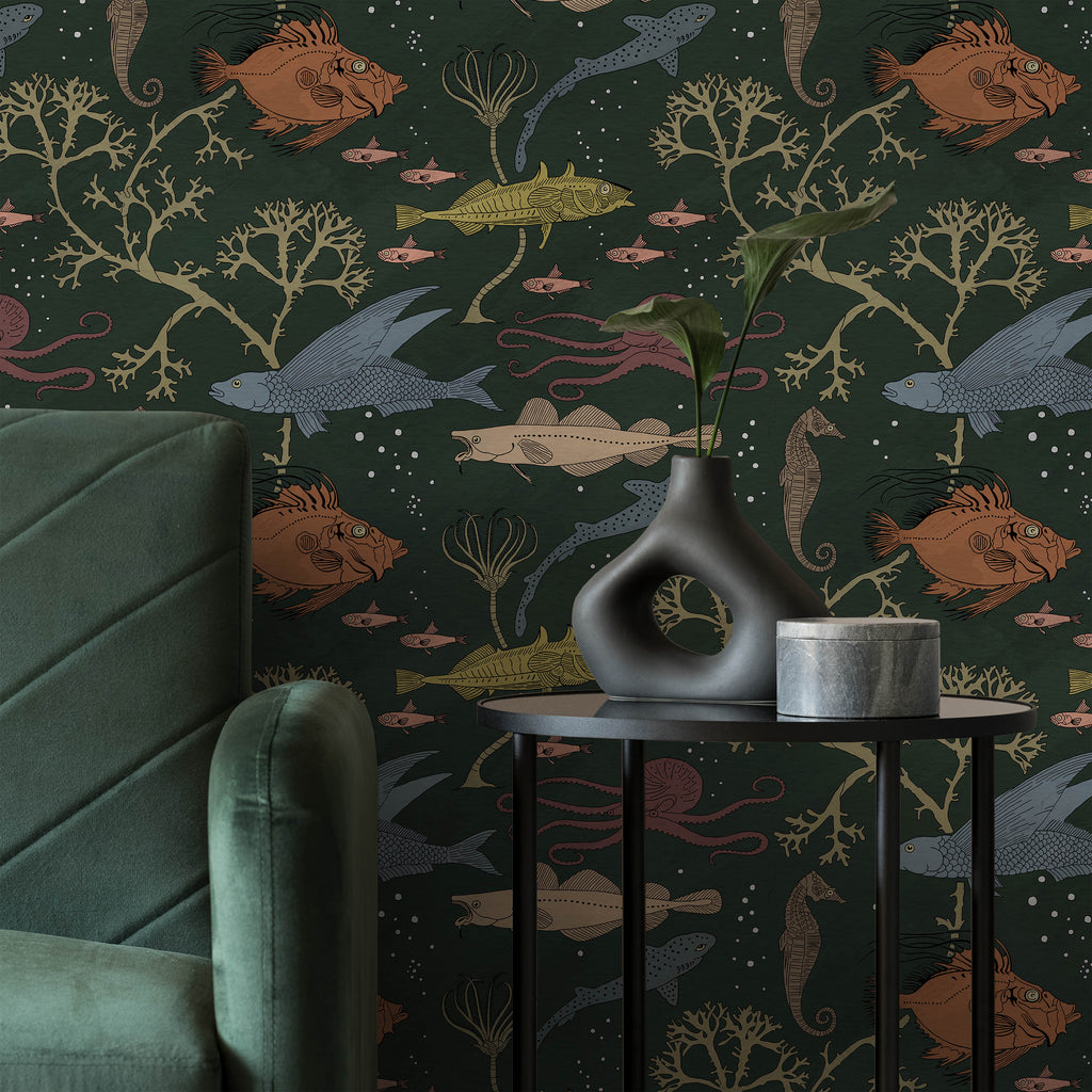 Maurice Pillard Verneuil x  Sea Creatures Peel and Stick Wallpaper, Removable Wallpaper, Traditional Wallpaper - Dark Green | DeccoPrint