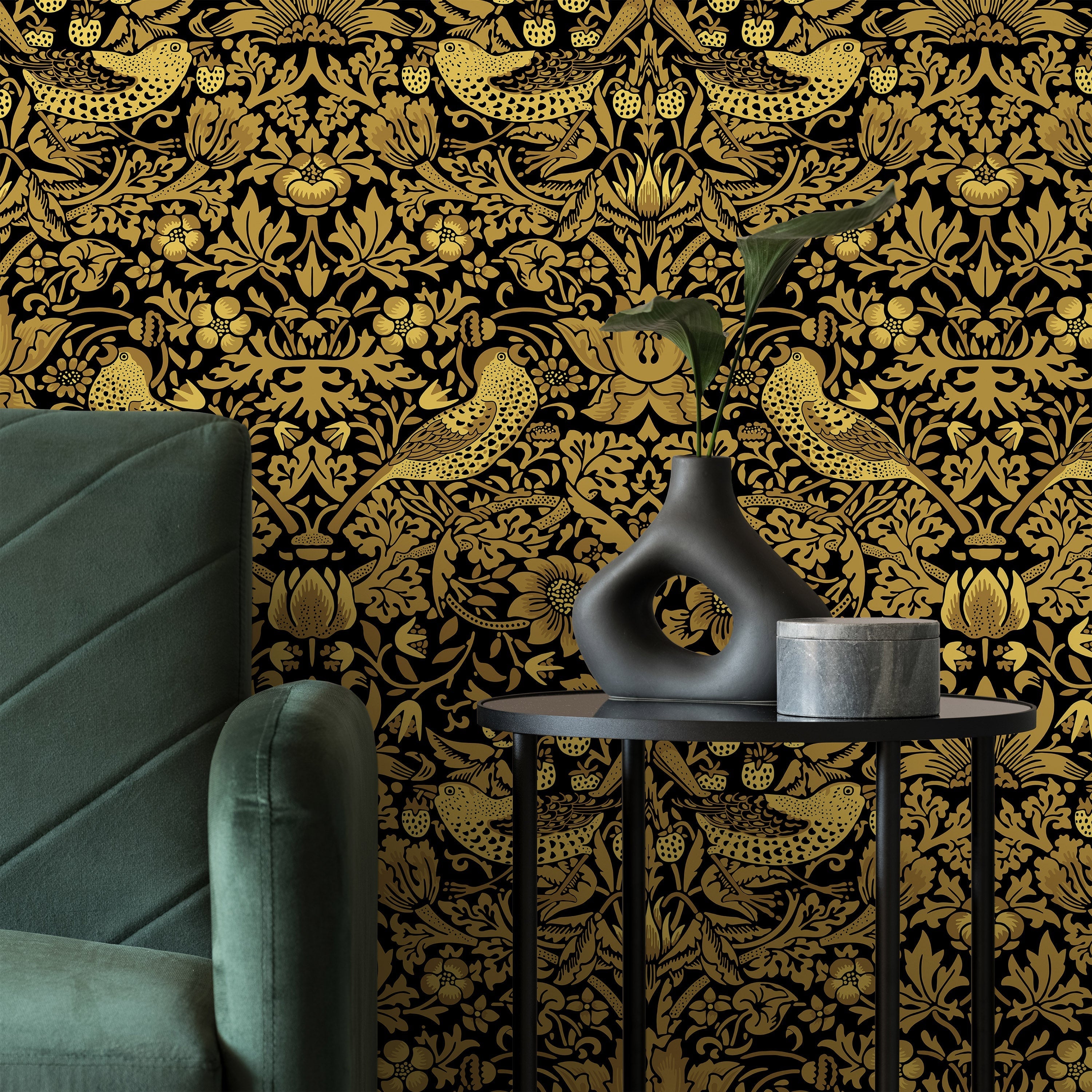 William Morris X Strawberry Thief Peel and Stick Wallpaper, Removable Wallpaper, Traditional Wallpaper - Gold | DeccoPrint
