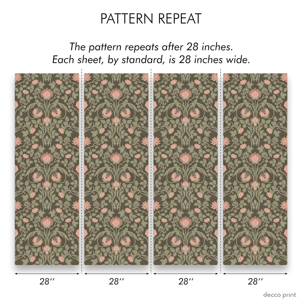 Art Nouveau Peel and Stick removable, Traditional Wallpaper - Dark Sage | DeccoPrint