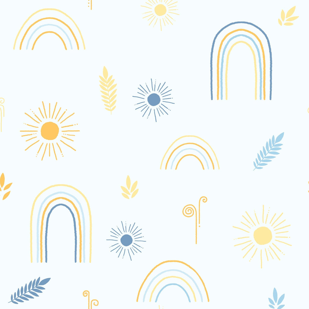Pattern of rainbows, suns, and leaves on a white background