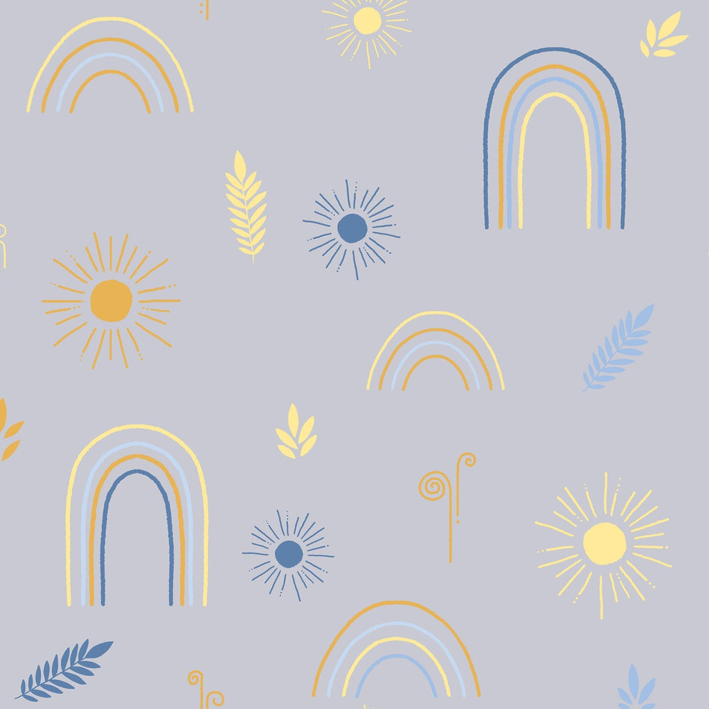 Pattern of rainbows, suns, and leaves on a light blue background