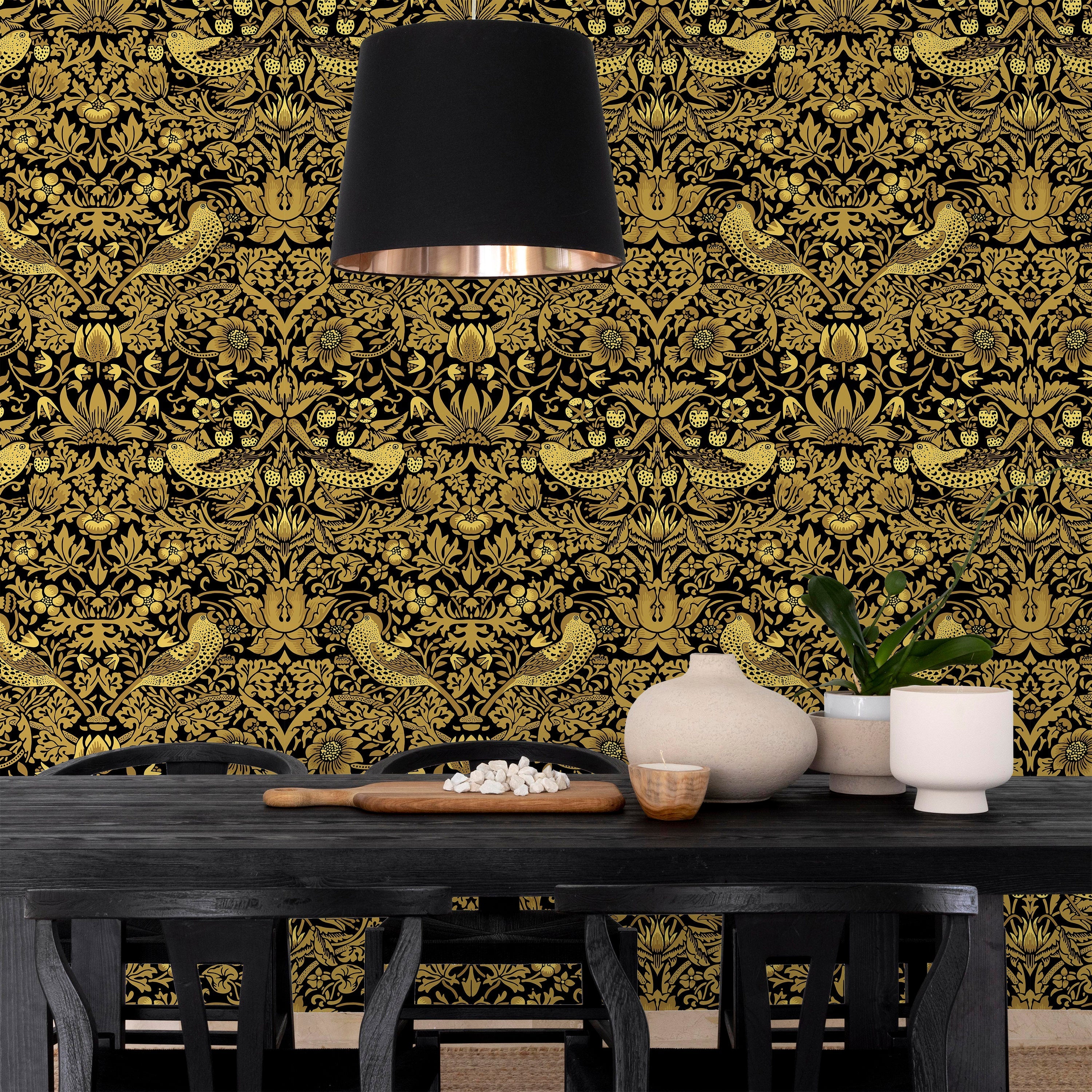 William Morris X Strawberry Thief Peel and Stick Wallpaper, Removable Wallpaper, Traditional Wallpaper - Gold | DeccoPrint