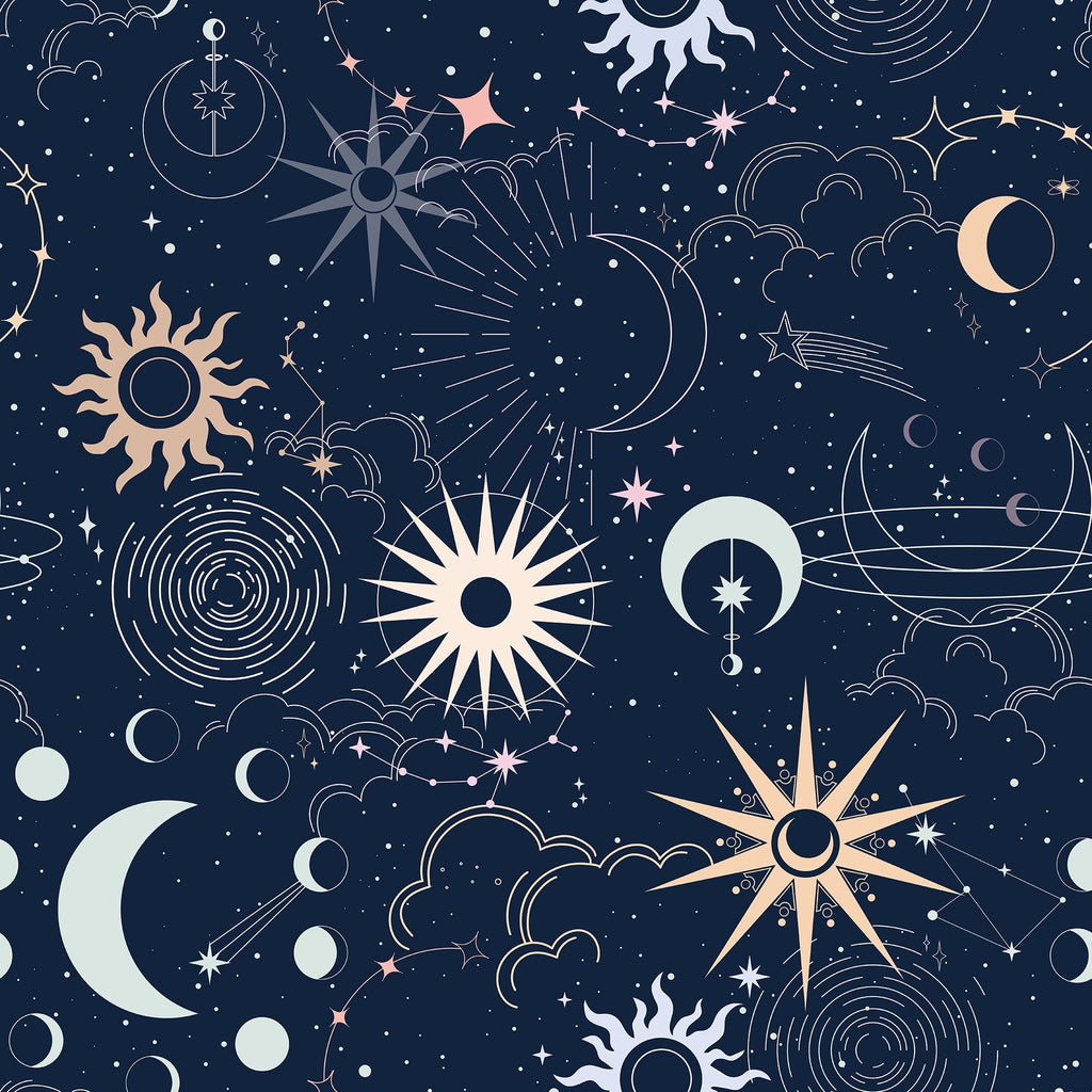  celestial pattern with stars, moons, and suns on a dark blue background