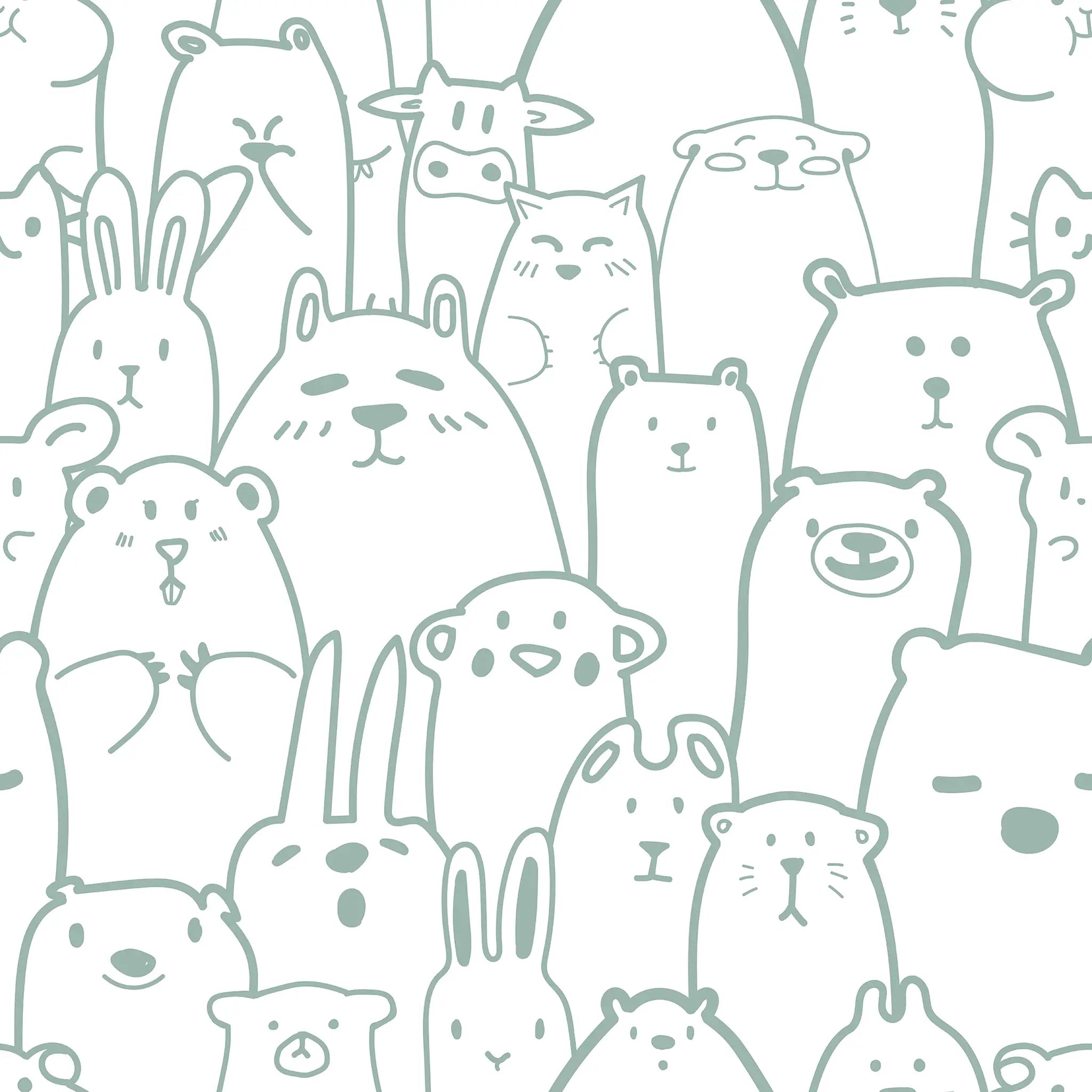 dense, whimsical collection of cute, minimally drawn teal animals
