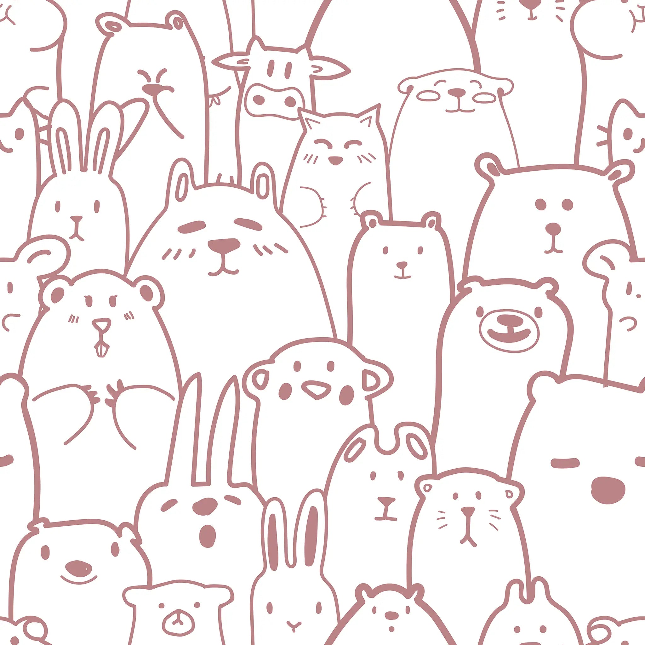 dark pink line-art animals in a cute, crowded pattern