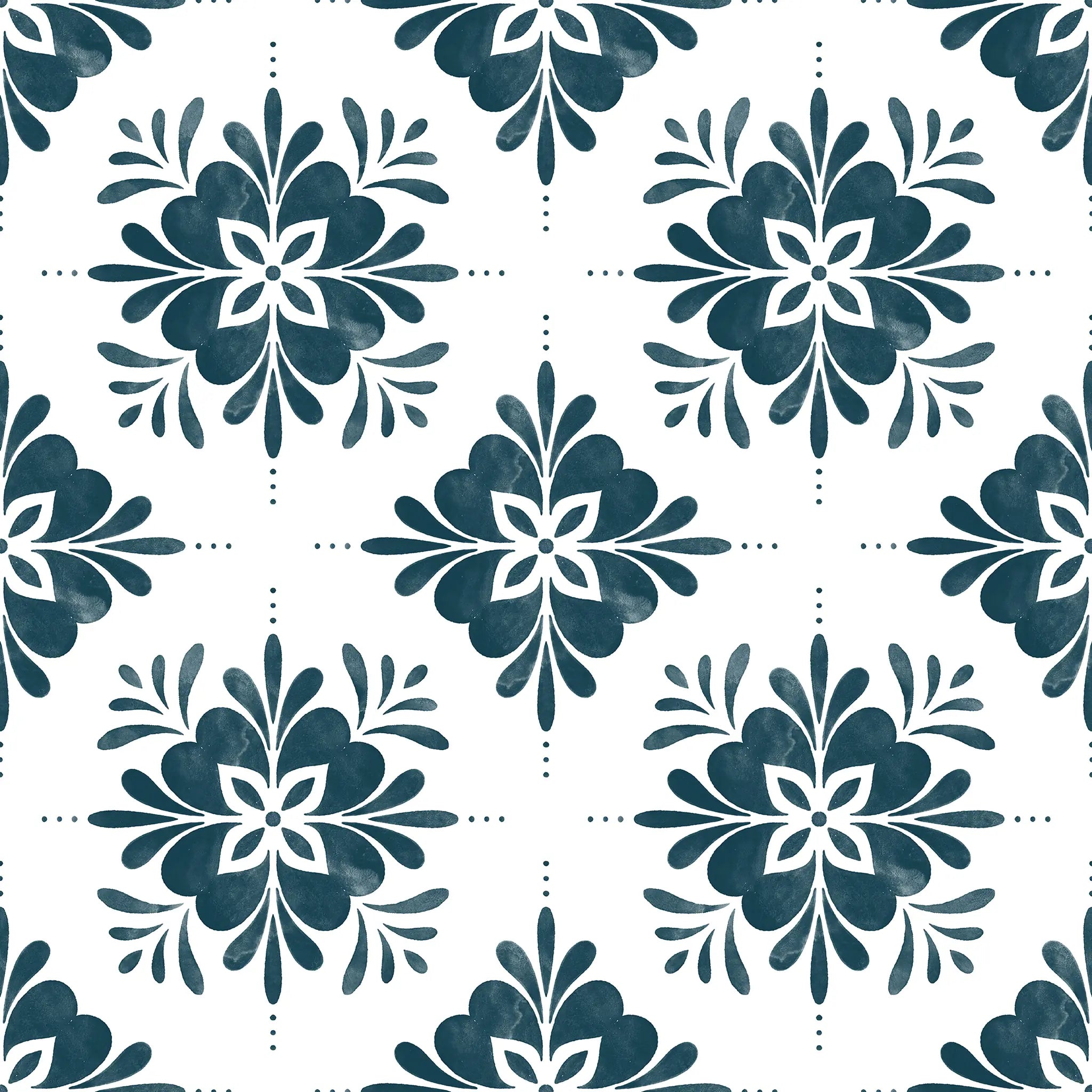 Pattern of blue floral designs on a white background