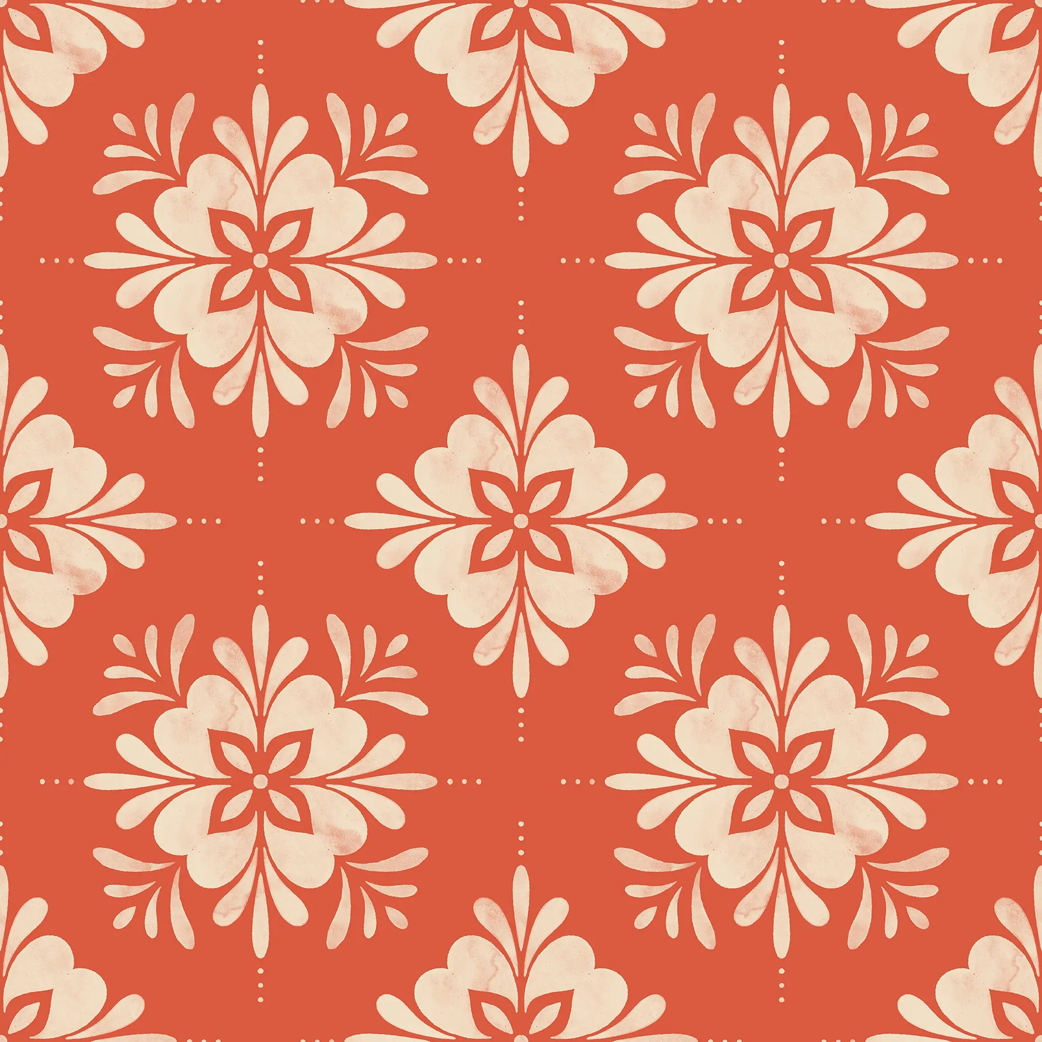 Pattern of beige floral shapes on a orange background