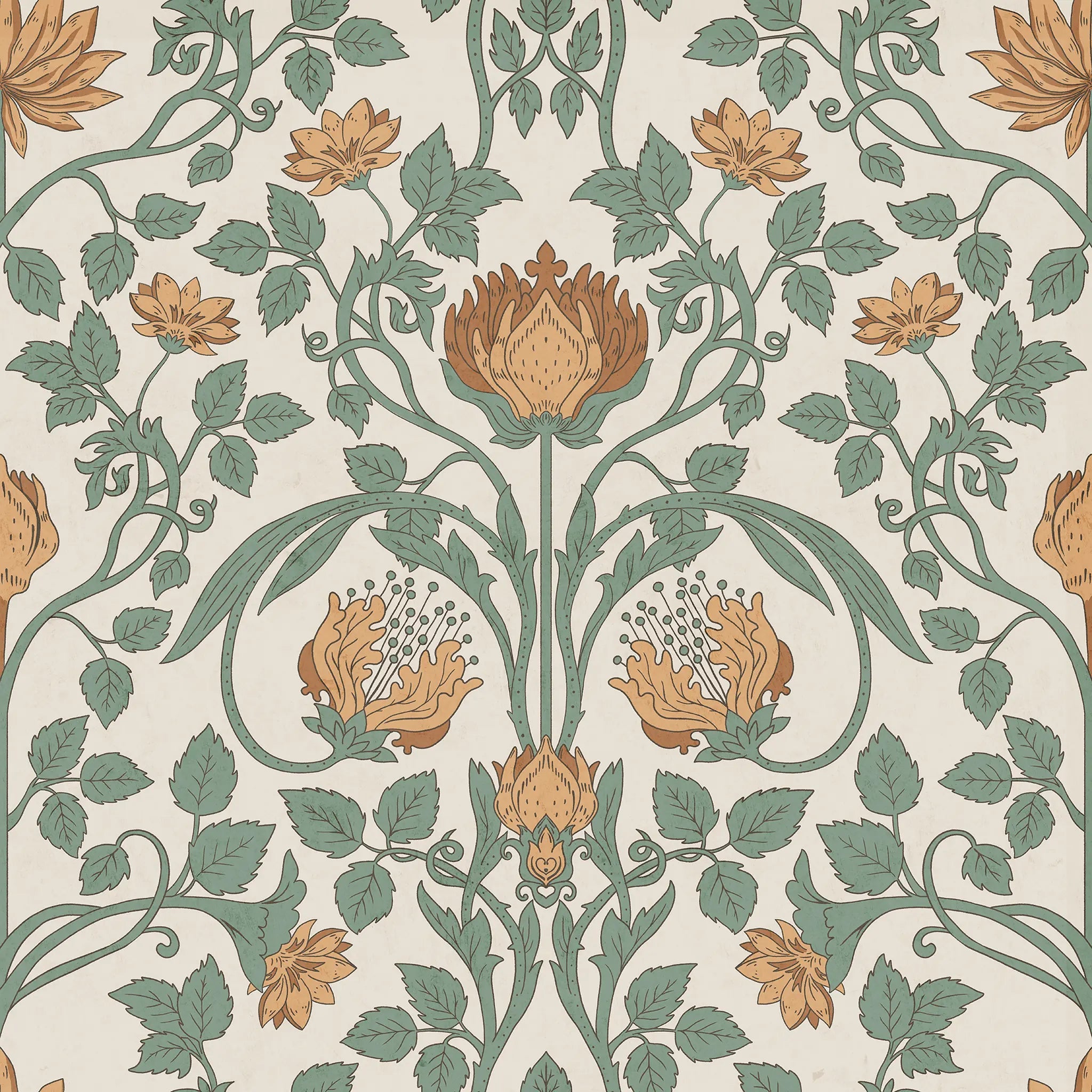 Decorative floral pattern with brown and green flowers on a beige background