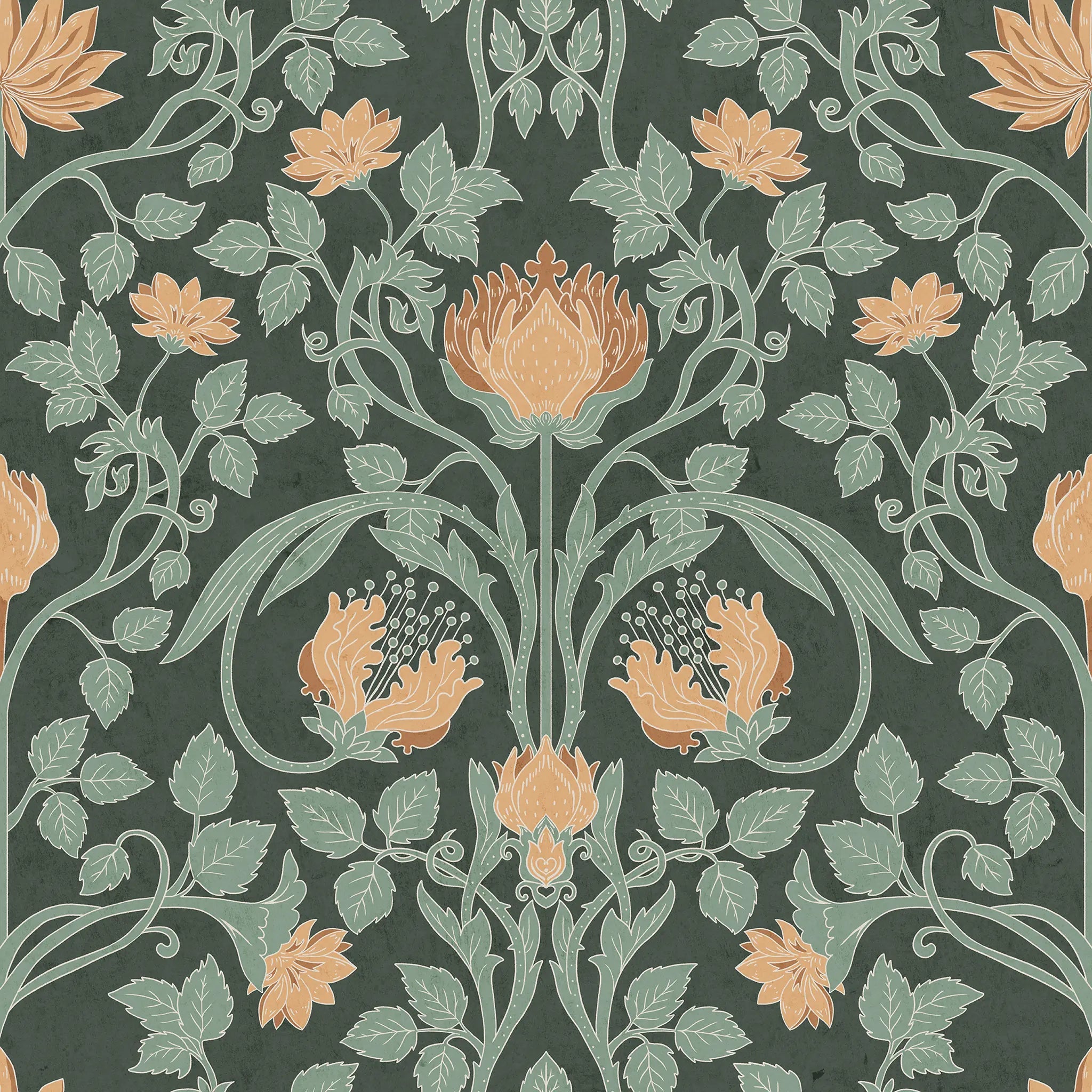 Floral pattern with orange flowers and green leaves on a dark background