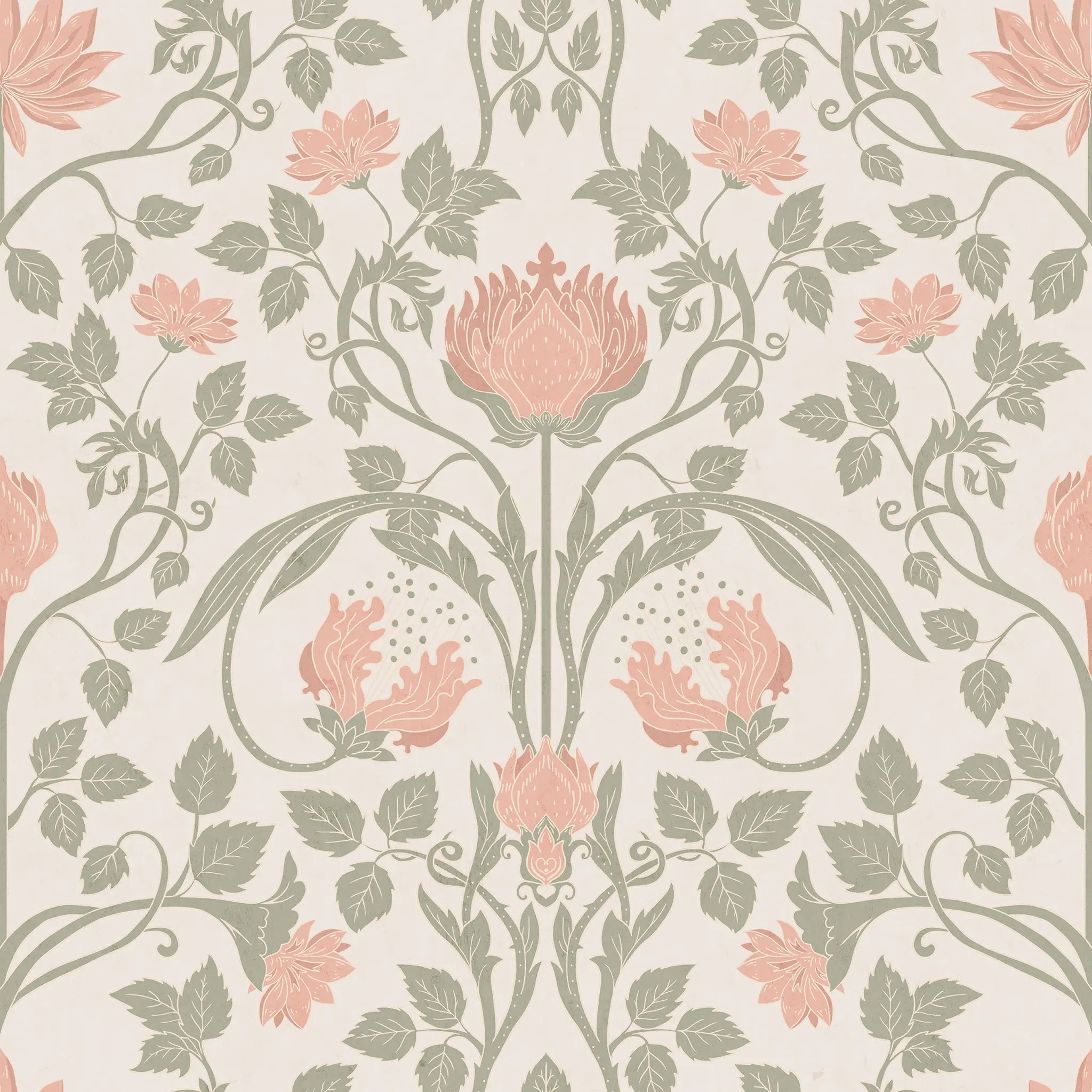 Floral pattern with pink flowers and green leaves on a light background