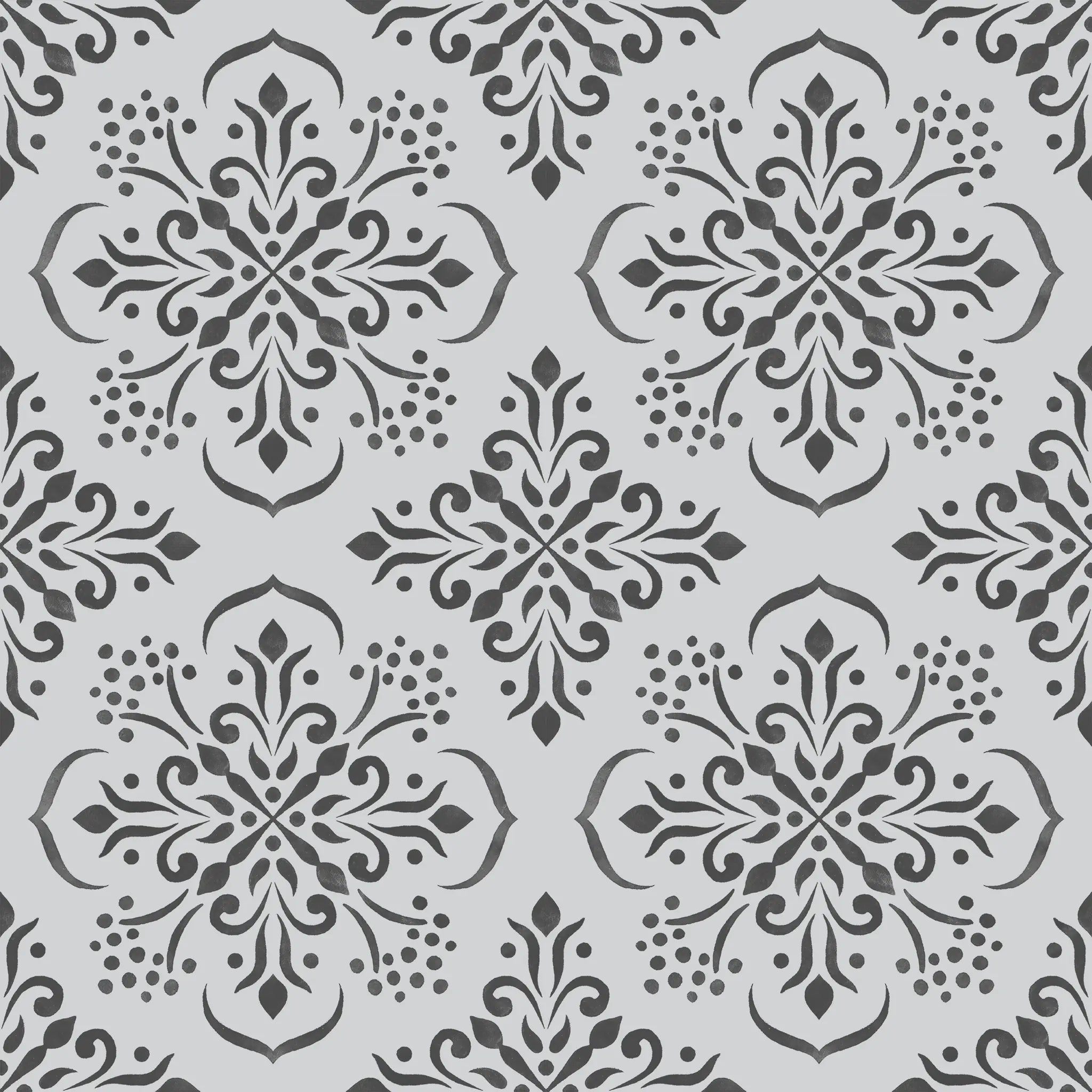 Decorative pattern of black snowflakes on a gray background