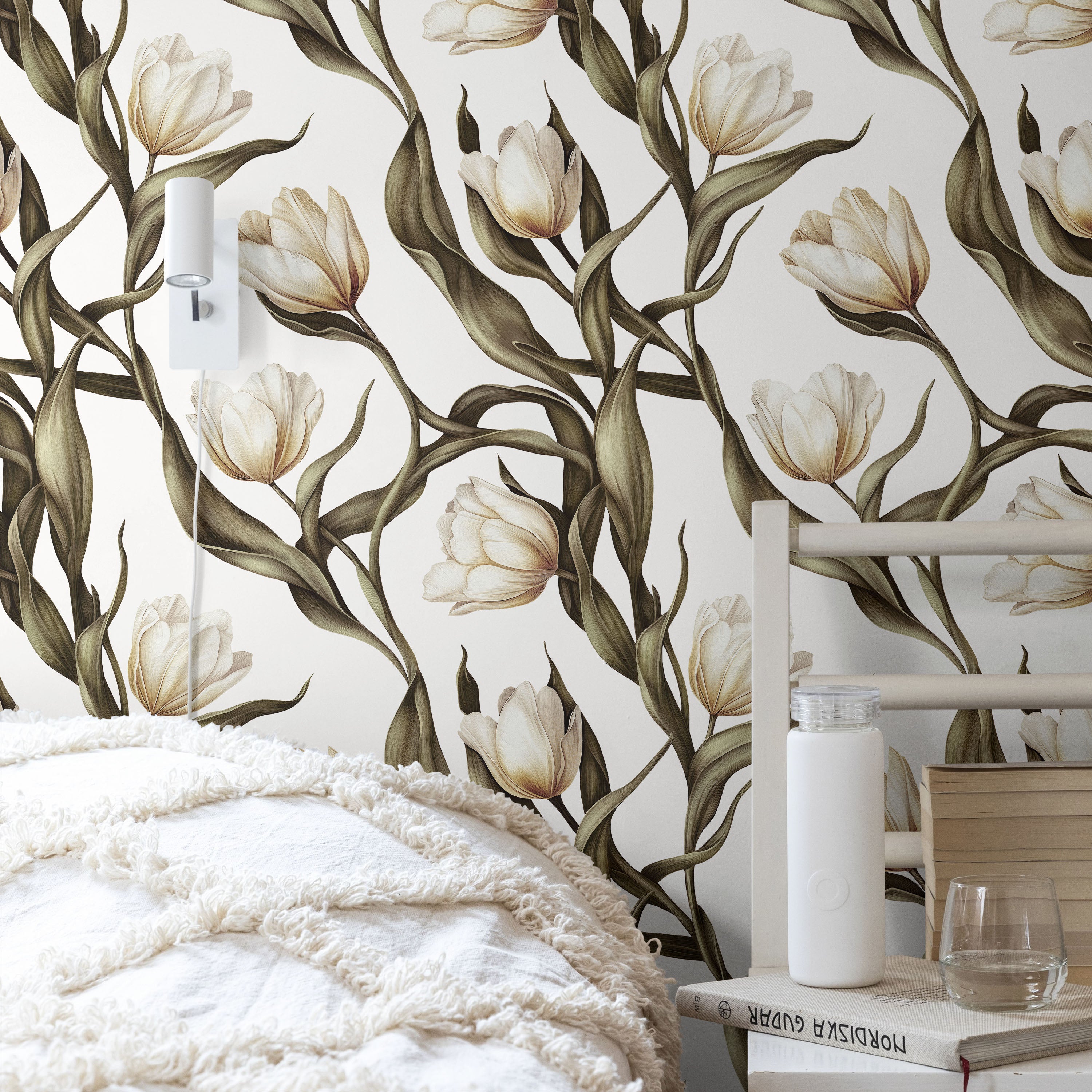 Spring Tulips Peel and Stick Wallpaper, Removable Wallpaper, Traditional Wallpaper - Ivory White | DeccoPrint