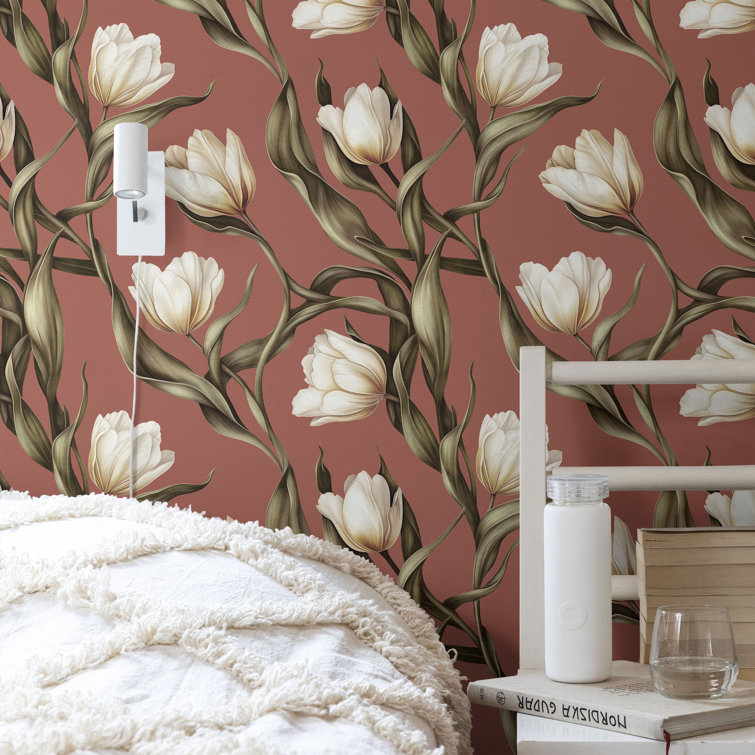 Spring Tulips Peel and Stick Wallpaper, Removable Wallpaper, Traditional Wallpaper - Rustic Browm | DeccoPrint