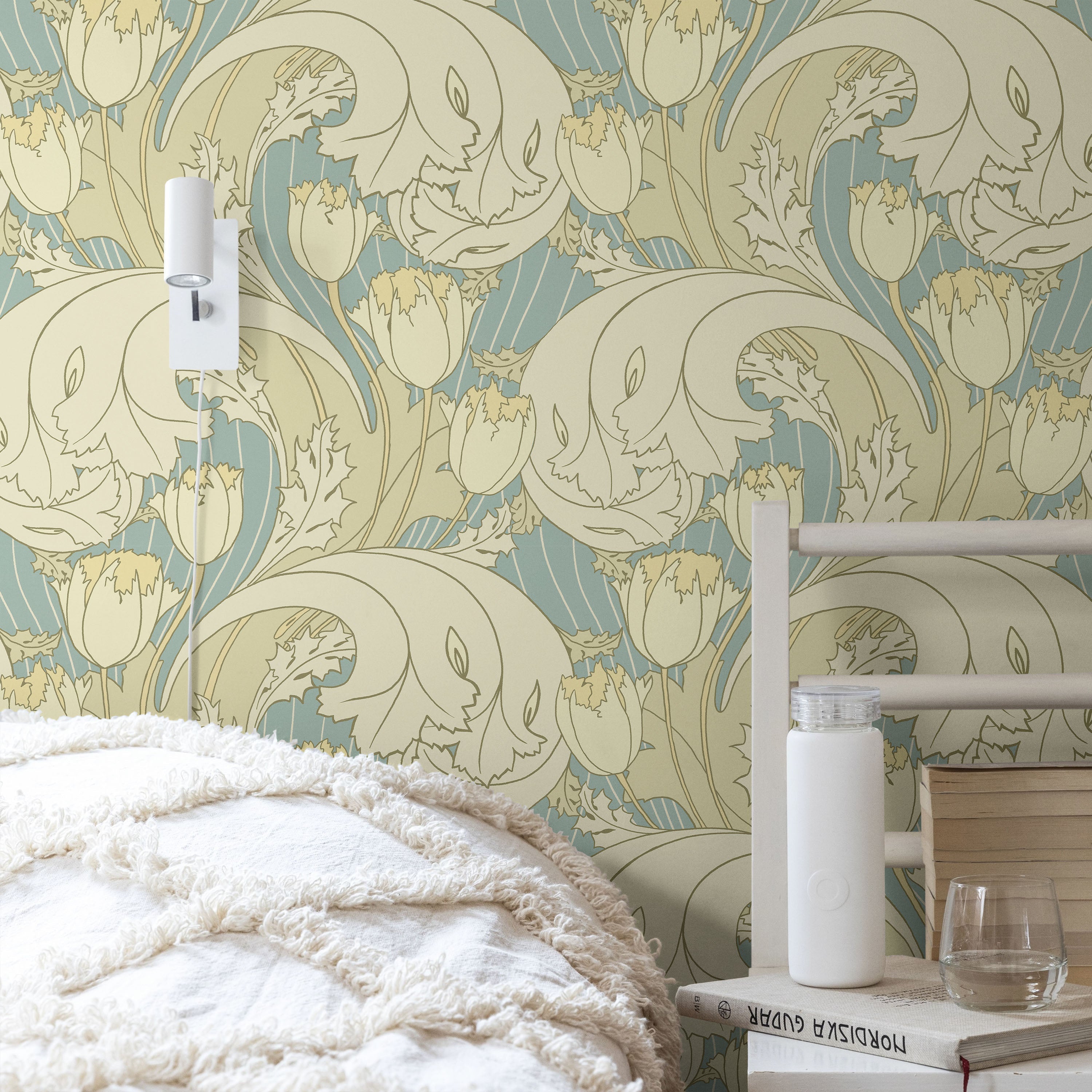 C.F.A. Voysey x Tulips Peel and Stick Wallpaper, Removable Wallpaper, Traditional Wallpaper - Faded Blue | DeccoPrint