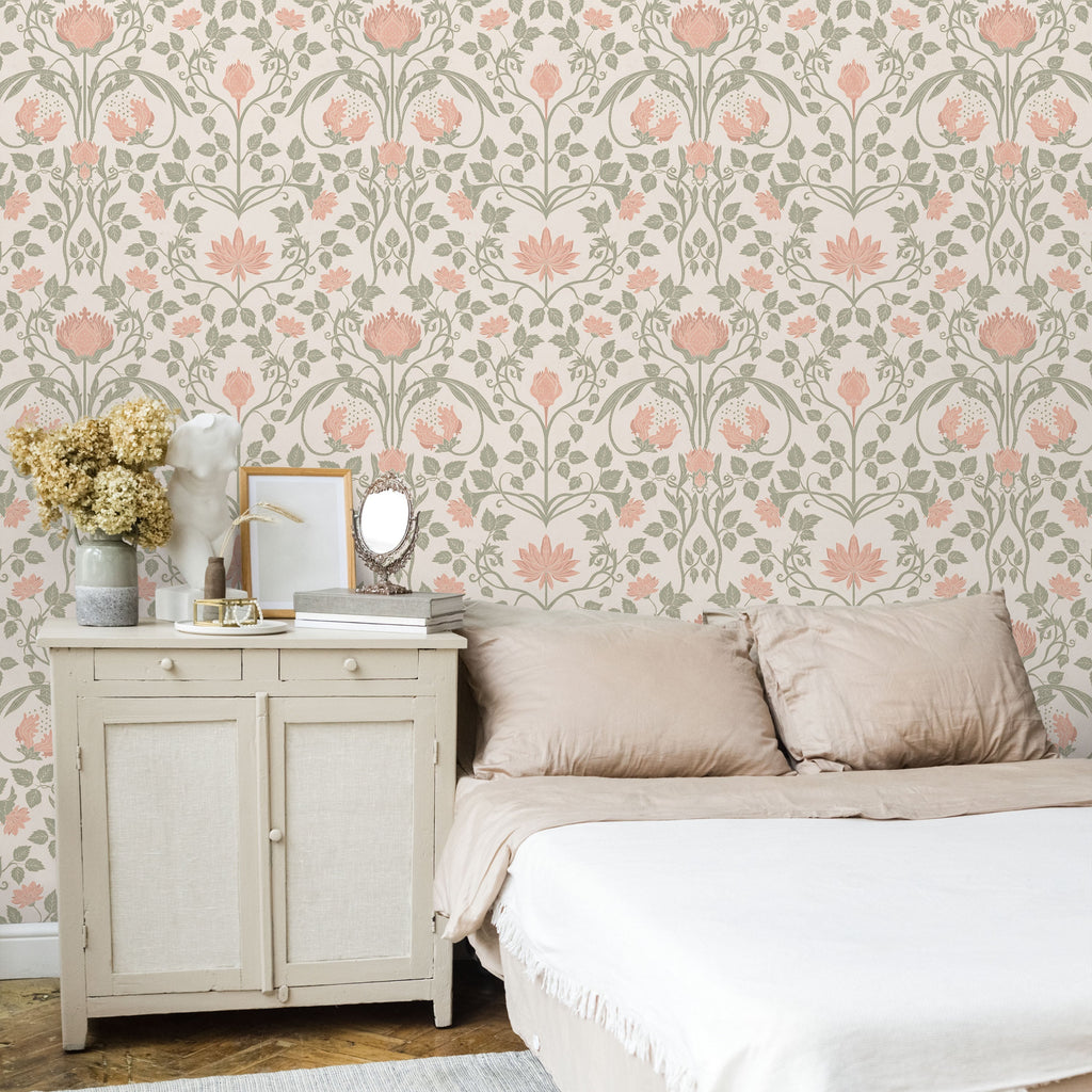 Art Nouveau Peel and Stick Wallpaper, Removable Wallpaper, Traditional Wallpaper - Soft Beige | DeccoPrint