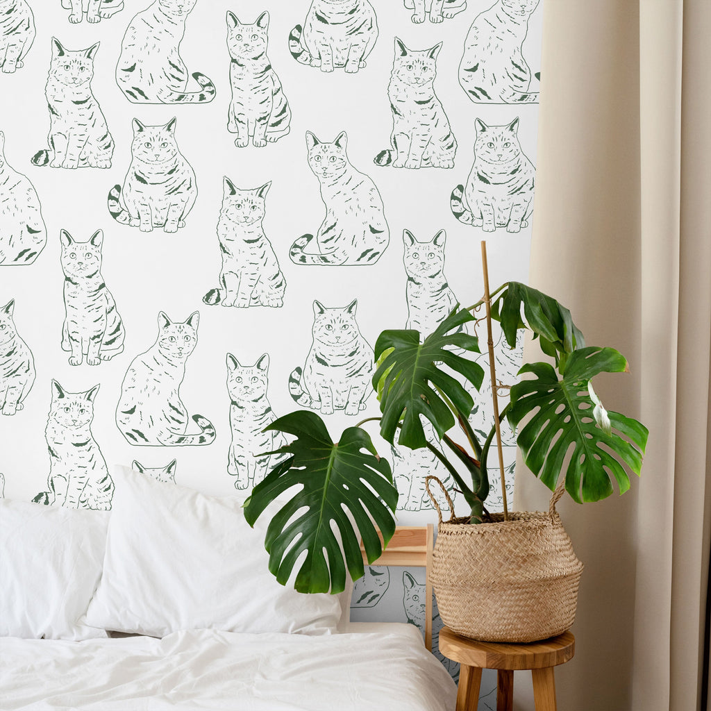 Those Cats Peel and Stick Wallpaper, Removable Wallpaper, Traditional Wallpaper - Green | DeccoPrint