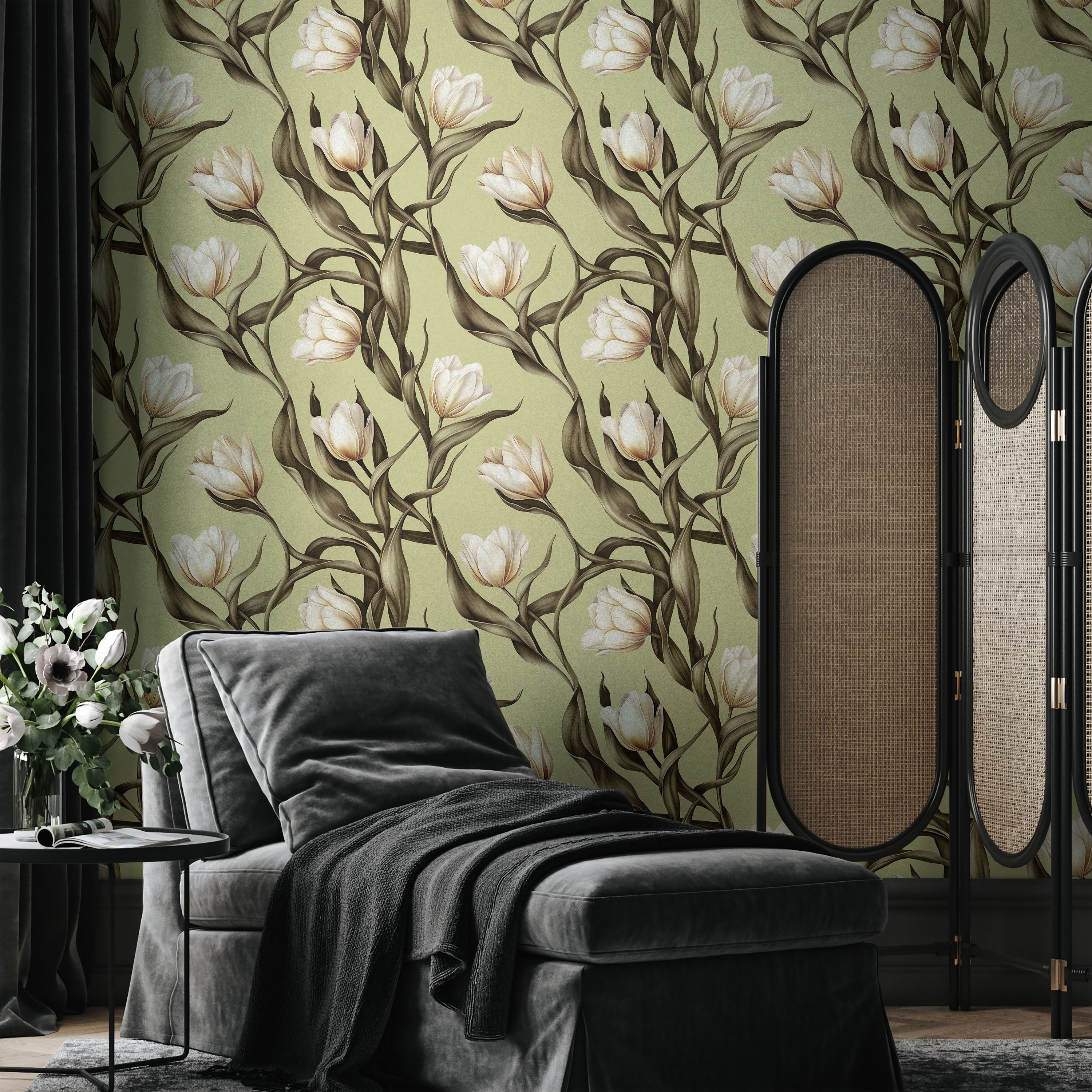 Spring Tulips Peel and Stick Wallpaper, Removable Wallpaper, Traditional Wallpaper - Sage Green | DeccoPrint