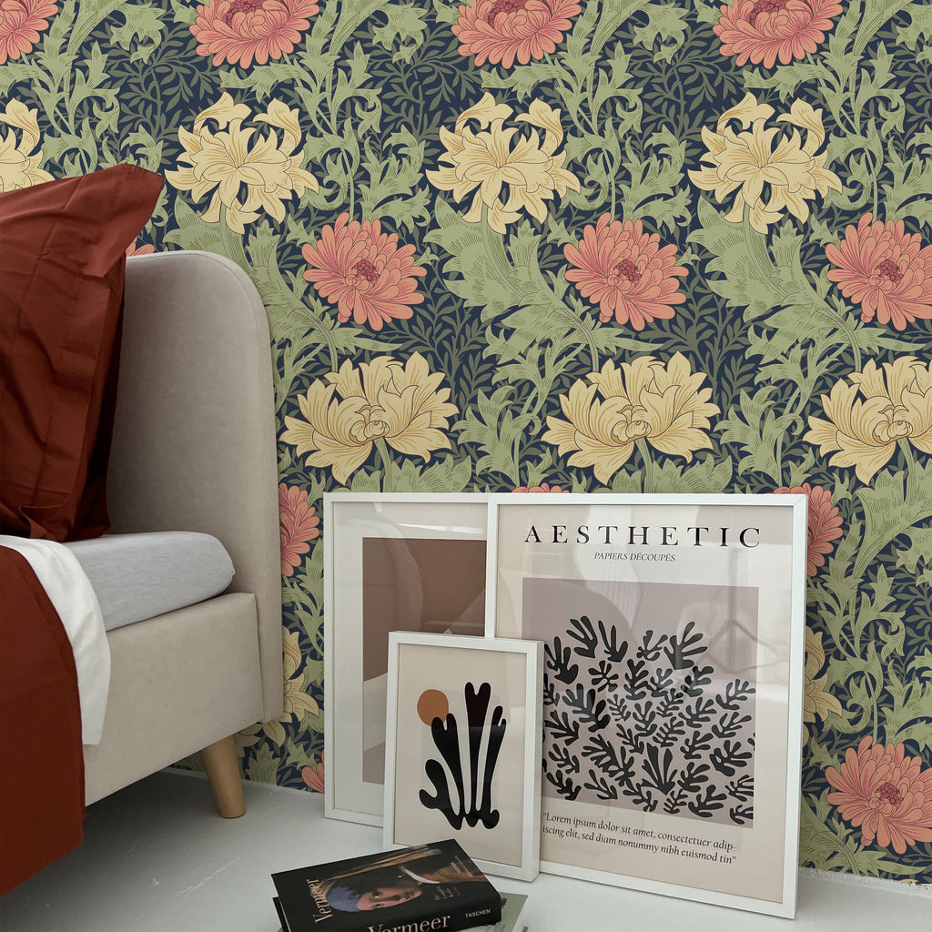 William Morris X Chrysanthemum Peel and Stick Wallpaper, Removable Wallpaper, Traditional Wallpaper - Indigo | DeccoPrint