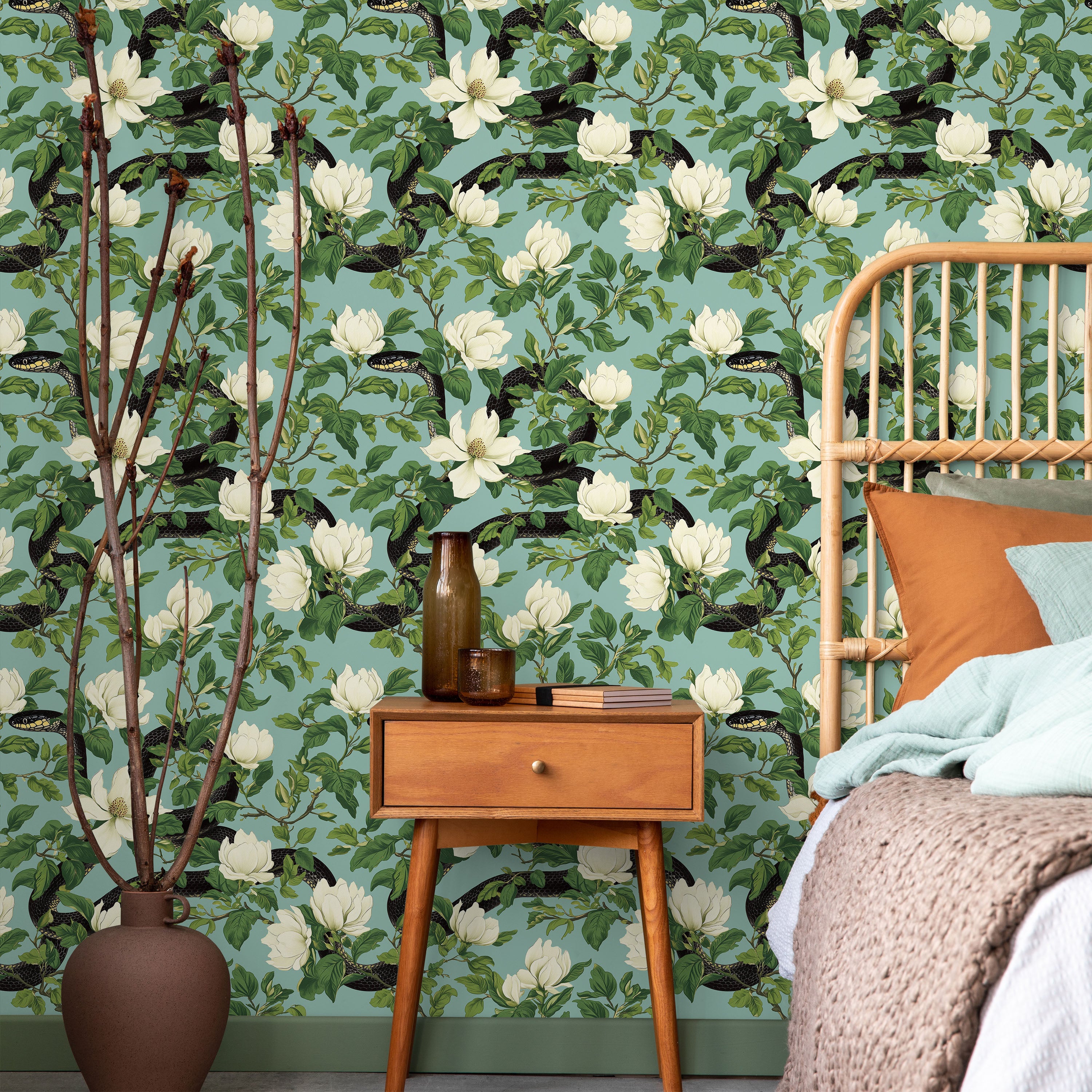 Snakes in Foliage Peel and Stick Wallpaper, Removable Wallpaper, Traditional Wallpaper - Light Teal | DeccoPrint