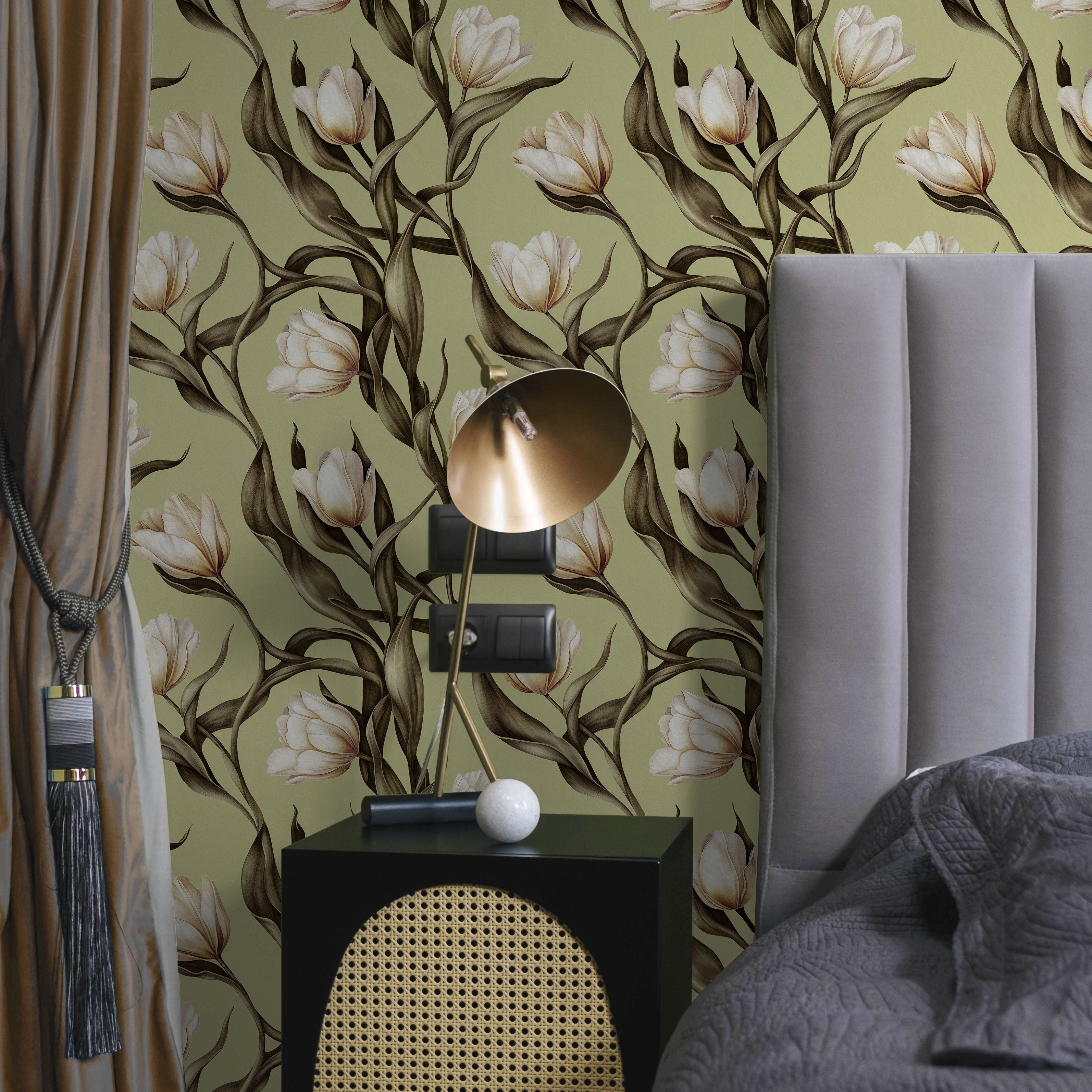 Spring Tulips Peel and Stick Wallpaper, Removable Wallpaper, Traditional Wallpaper - Sage Green | DeccoPrint