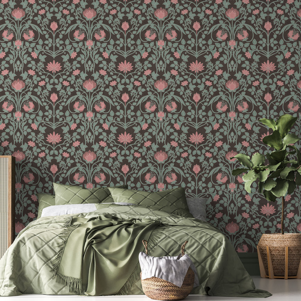 Art Nouveau Peel and Stick Wallpaper, Removable Wallpaper, Traditional Wallpaper - Dark Pink | DeccoPrint