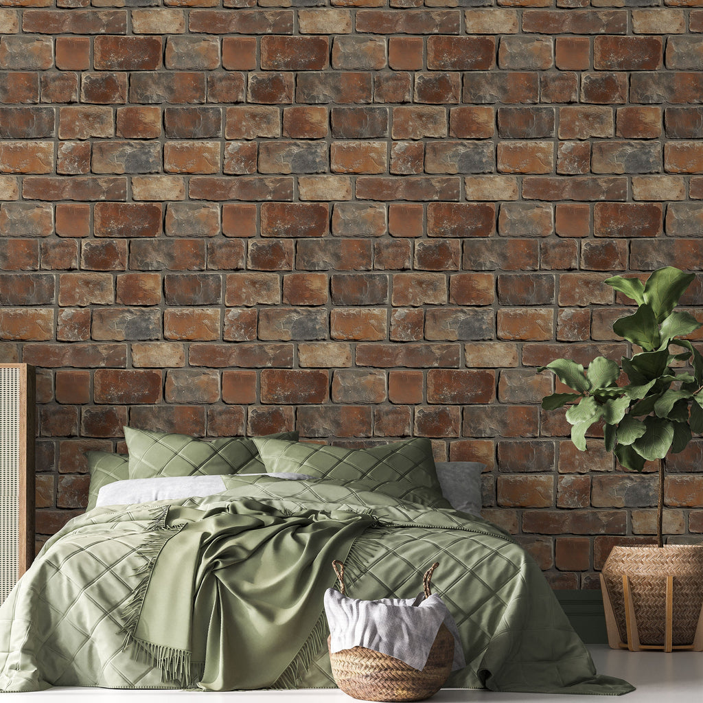 Urban Masonry Peel and Stick Wallpaper, Removable Wallpaper, Traditional Wallpaper - Rust Brown Bricks | DeccoPrint