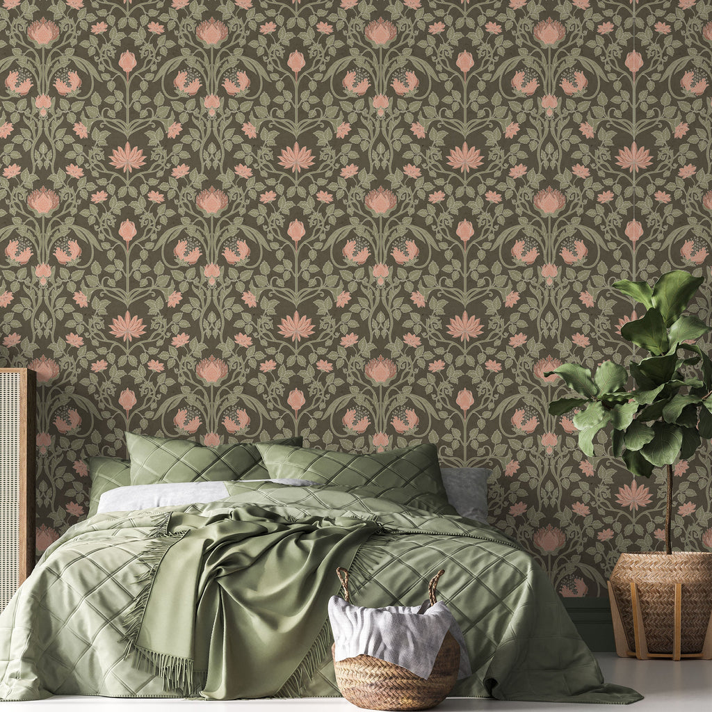 Art Nouveau Peel and Stick Wallpaper, Removable Wallpaper, Traditional Wallpaper - Dark Sage | DeccoPrint