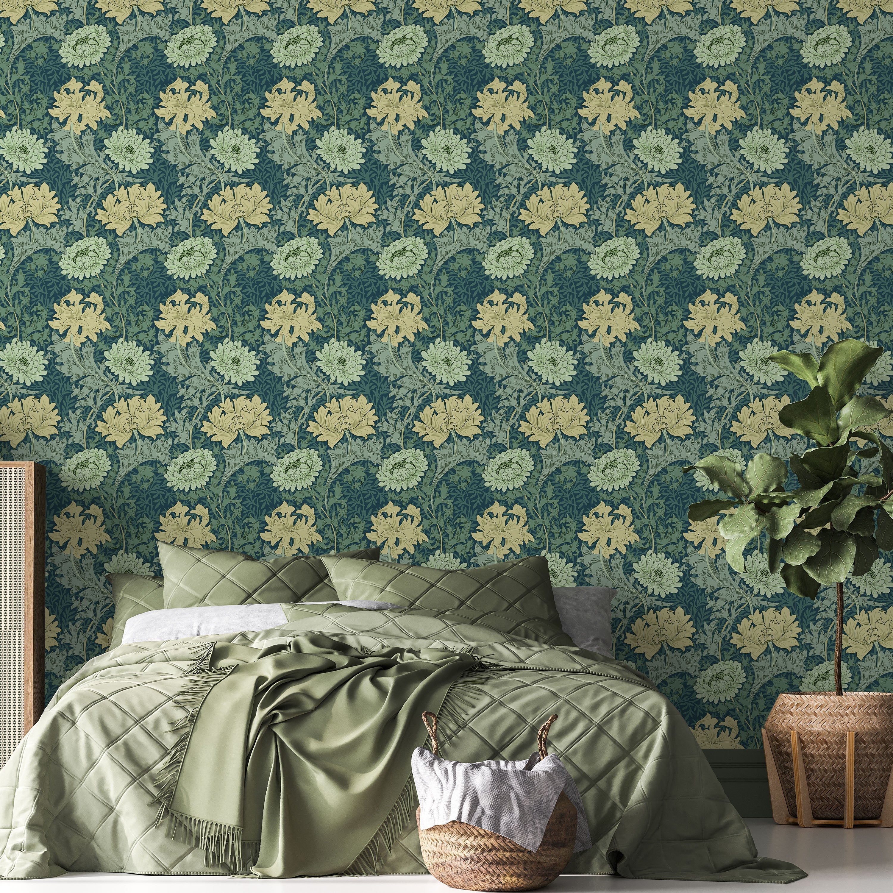 William Morris X Chrysanthemum Peel and Stick Wallpaper, Removable Wallpaper, Traditional Wallpaper - Green | DeccoPrint