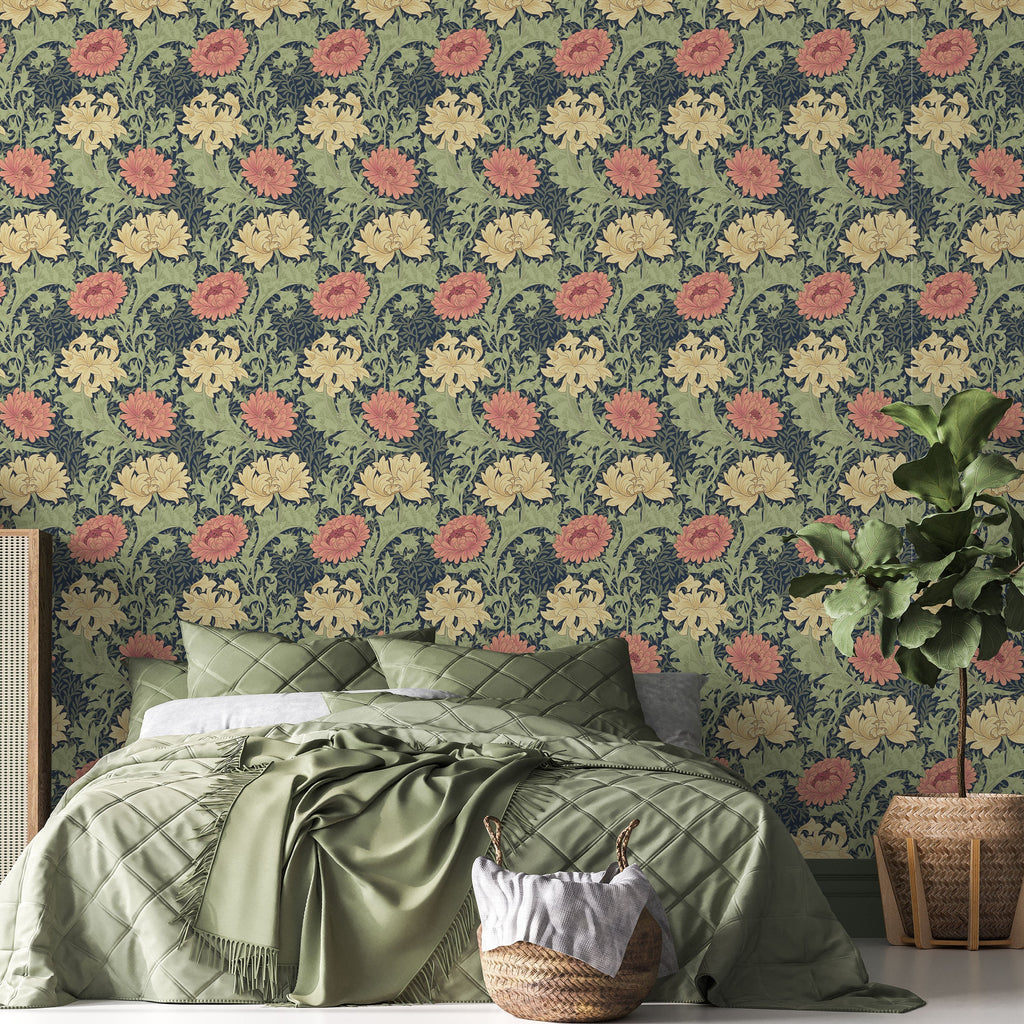 William Morris X Chrysanthemum Peel and Stick Wallpaper, Removable Wallpaper, Traditional Wallpaper - Indigo | DeccoPrint
