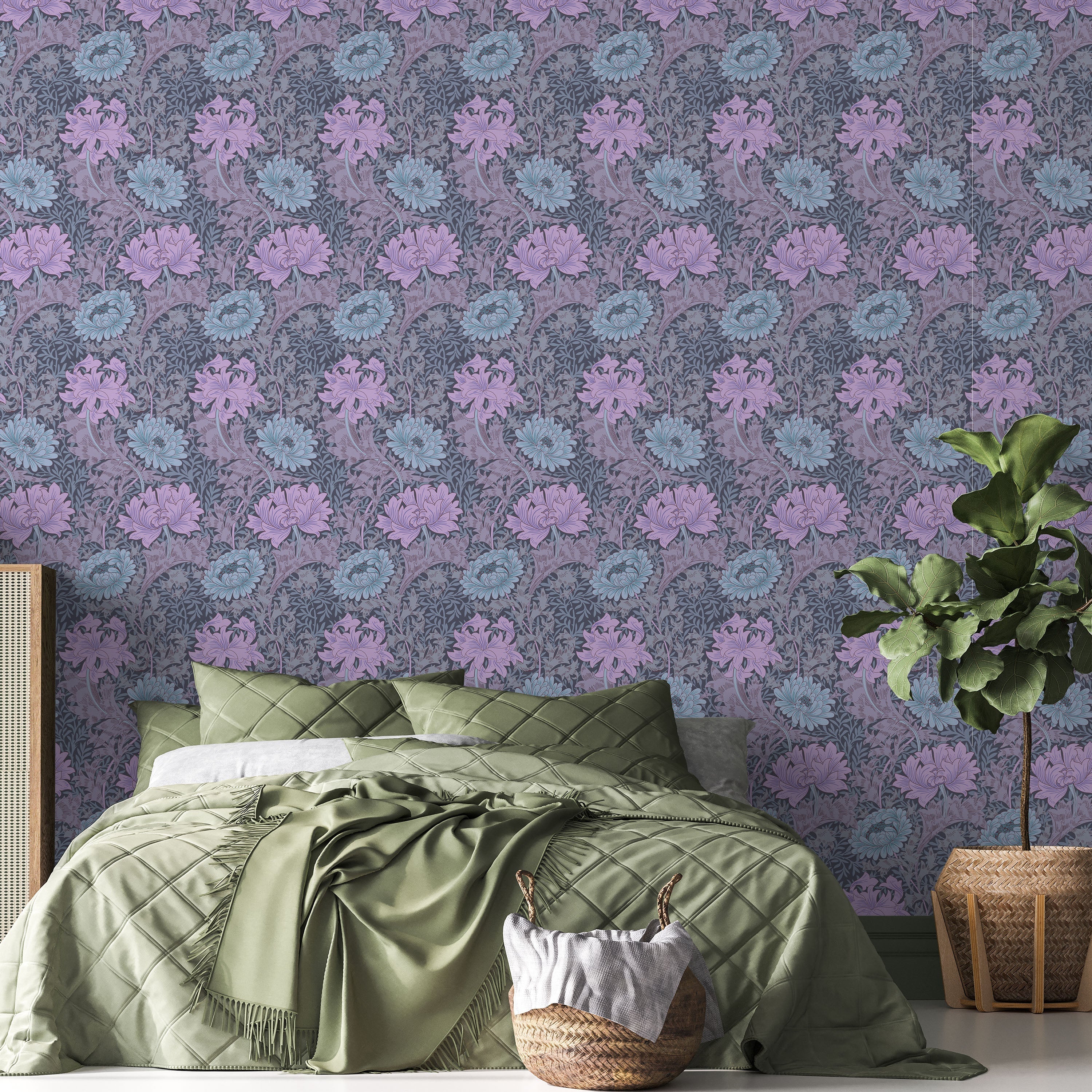 William Morris X Chrysanthemum Peel and Stick Wallpaper, Removable Wallpaper, Traditional Wallpaper - Lilac | DeccoPrint