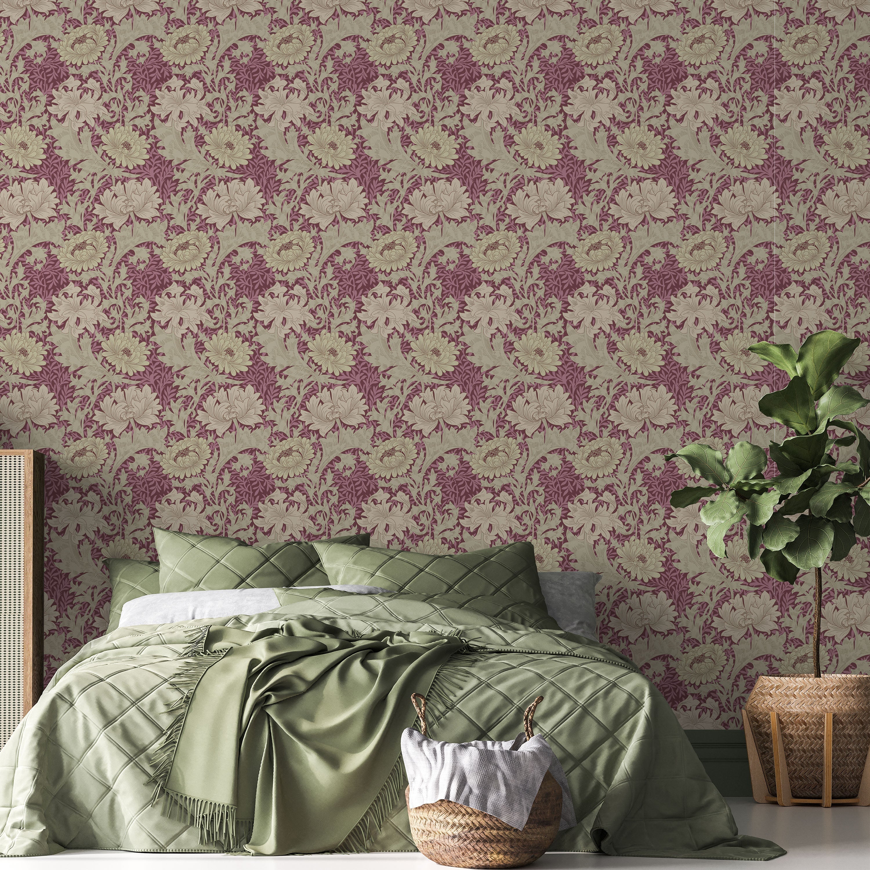 William Morris X Chrysanthemum Peel and Stick Wallpaper, Removable Wallpaper, Traditional Wallpaper - Wine | DeccoPrint