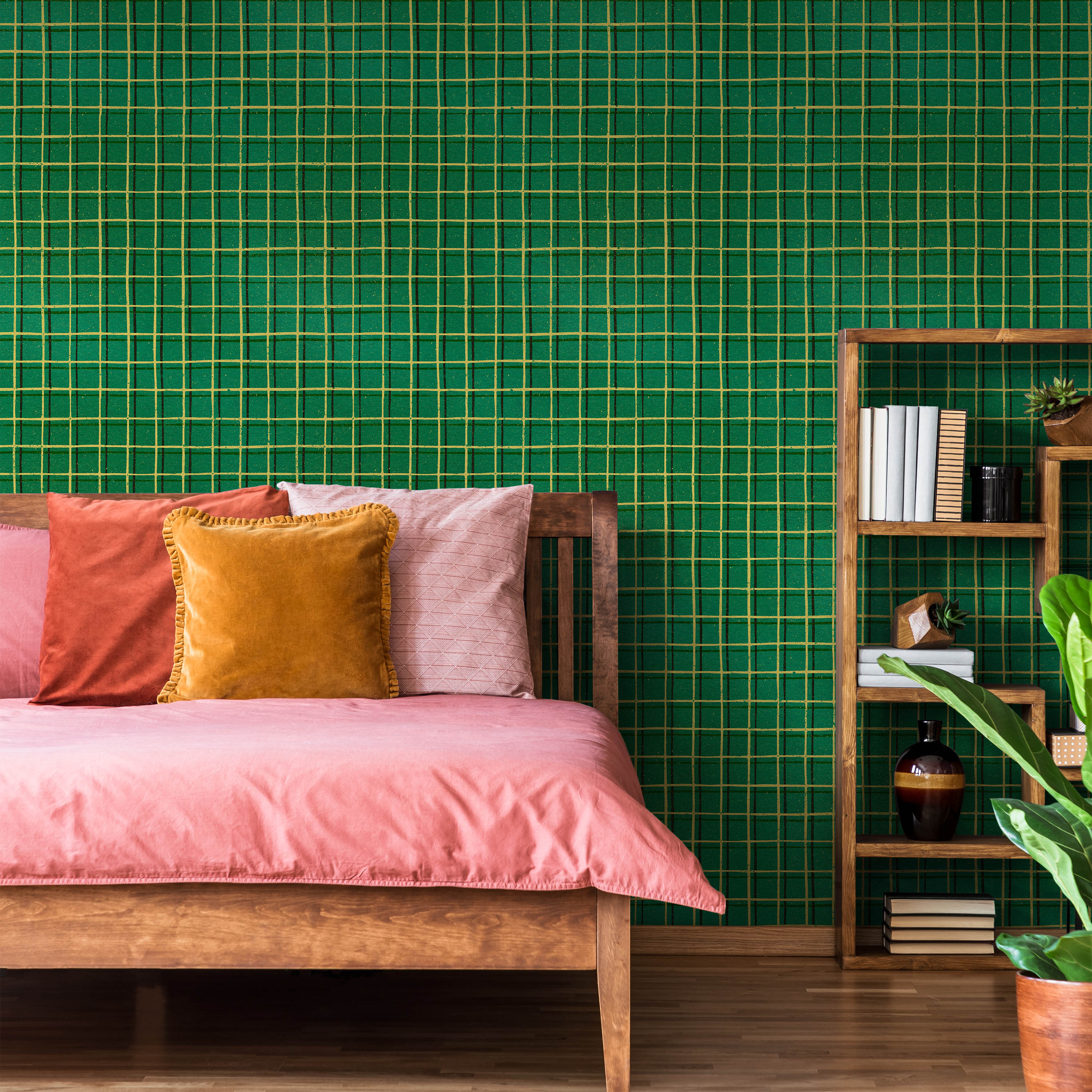 Furuya Korin x Korin Zen Grid Peel and Stick Wallpaper, Removable Wallpaper, Traditional Wallpaper - Vintage Green | DeccoPrint